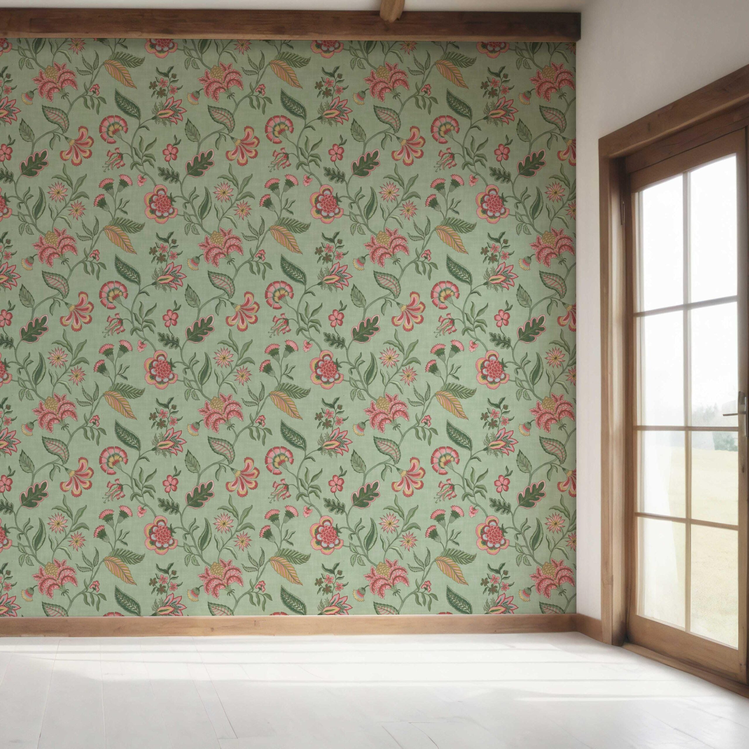 Botanical/ Floral Chinoiserie Bedroom Wallpaper (Sage Green/ Pink/ Red/ Blue)