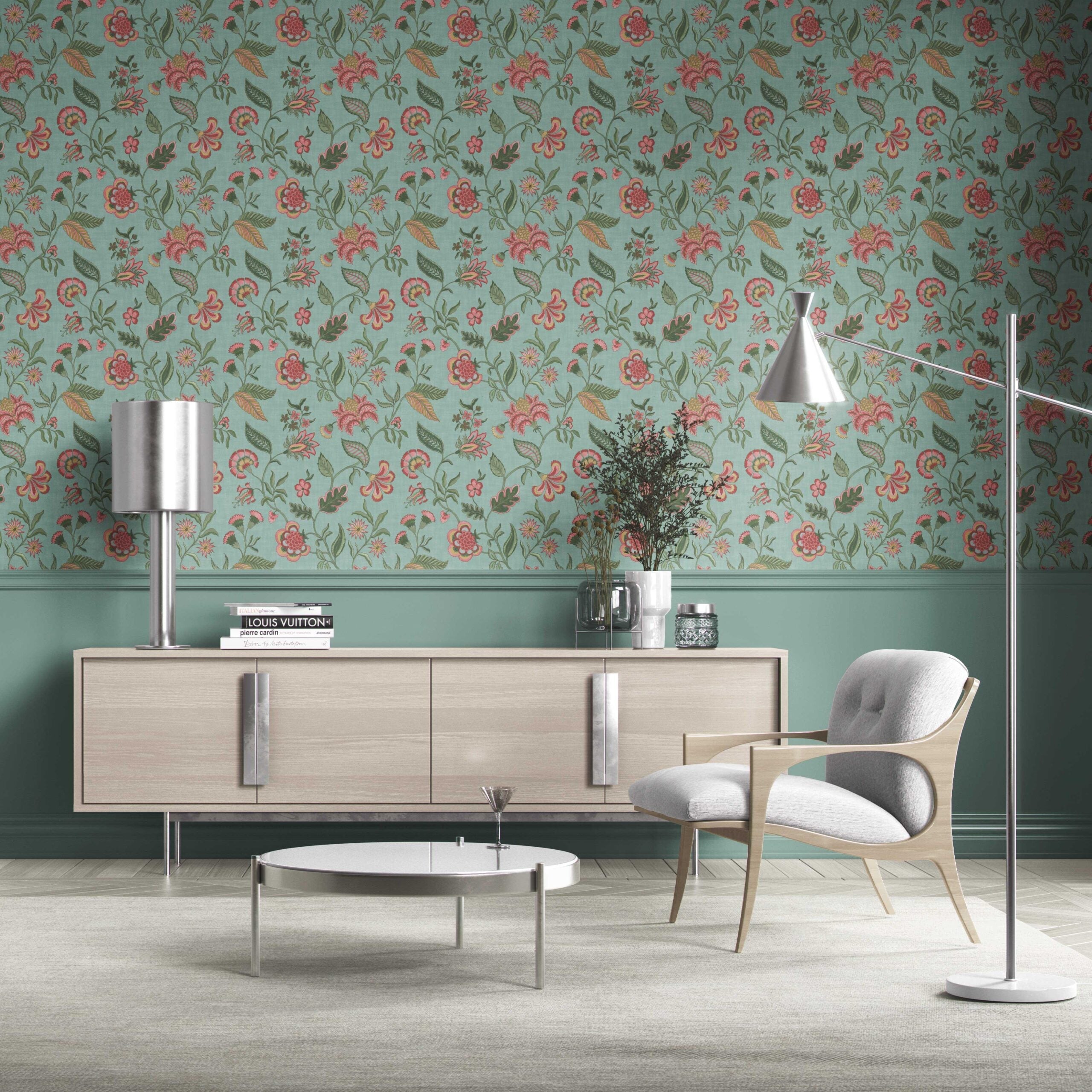 Botanical/ Floral Chinoiserie Kitchen Wallpaper Sample (Blue-Green/ Pink/ Red)