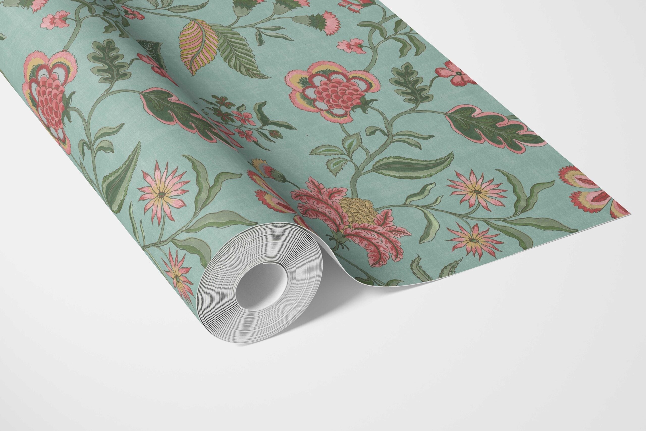 Botanical/ Floral Chinoiserie Bathroom Wallpaper Sample (Blue-Green/ Pink/ Red)