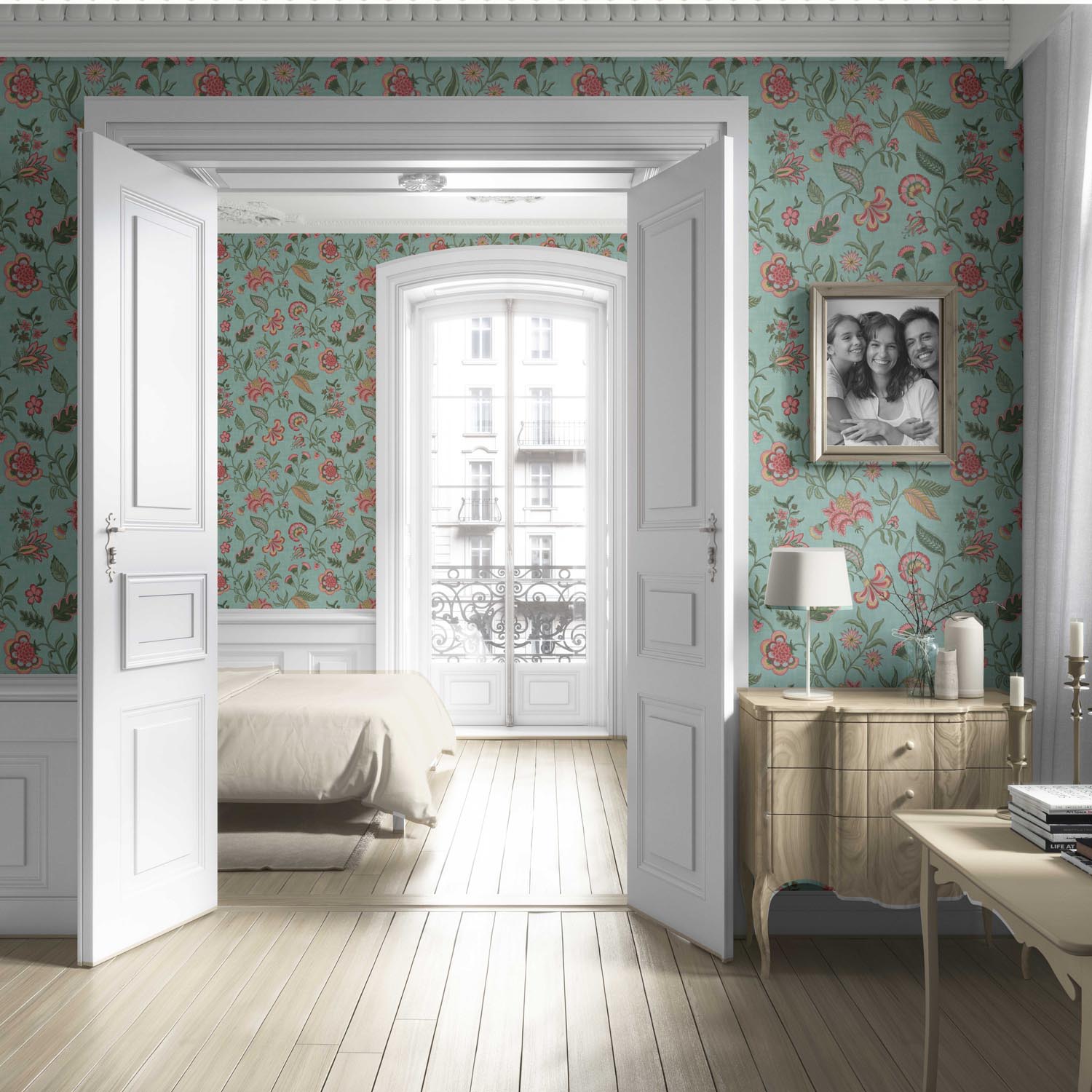 Botanical/ Floral Chinoiserie Living Room Wallpaper Sample (Blue-Green/ Pink/ Red)
