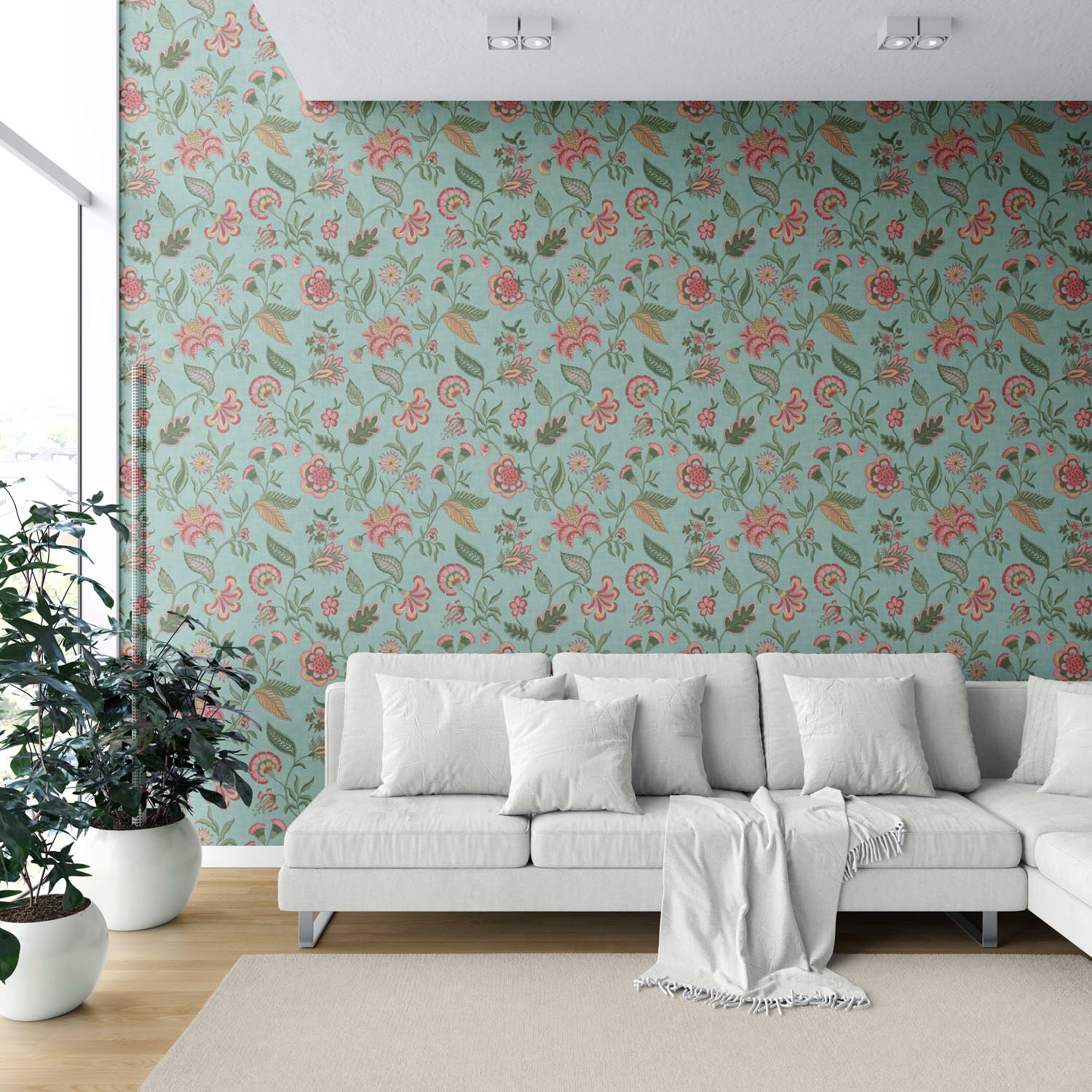 Botanical/ Floral Chinoiserie Shower Toilet Wallpaper Sample (Blue-Green/ Pink/ Red)