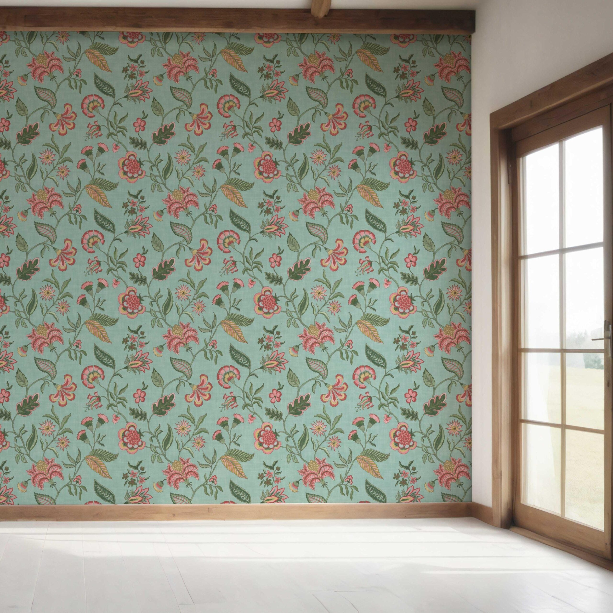 Botanical/ Floral Chinoiserie Bedroom Wallpaper Sample (Blue-Green/ Pink/ Red)