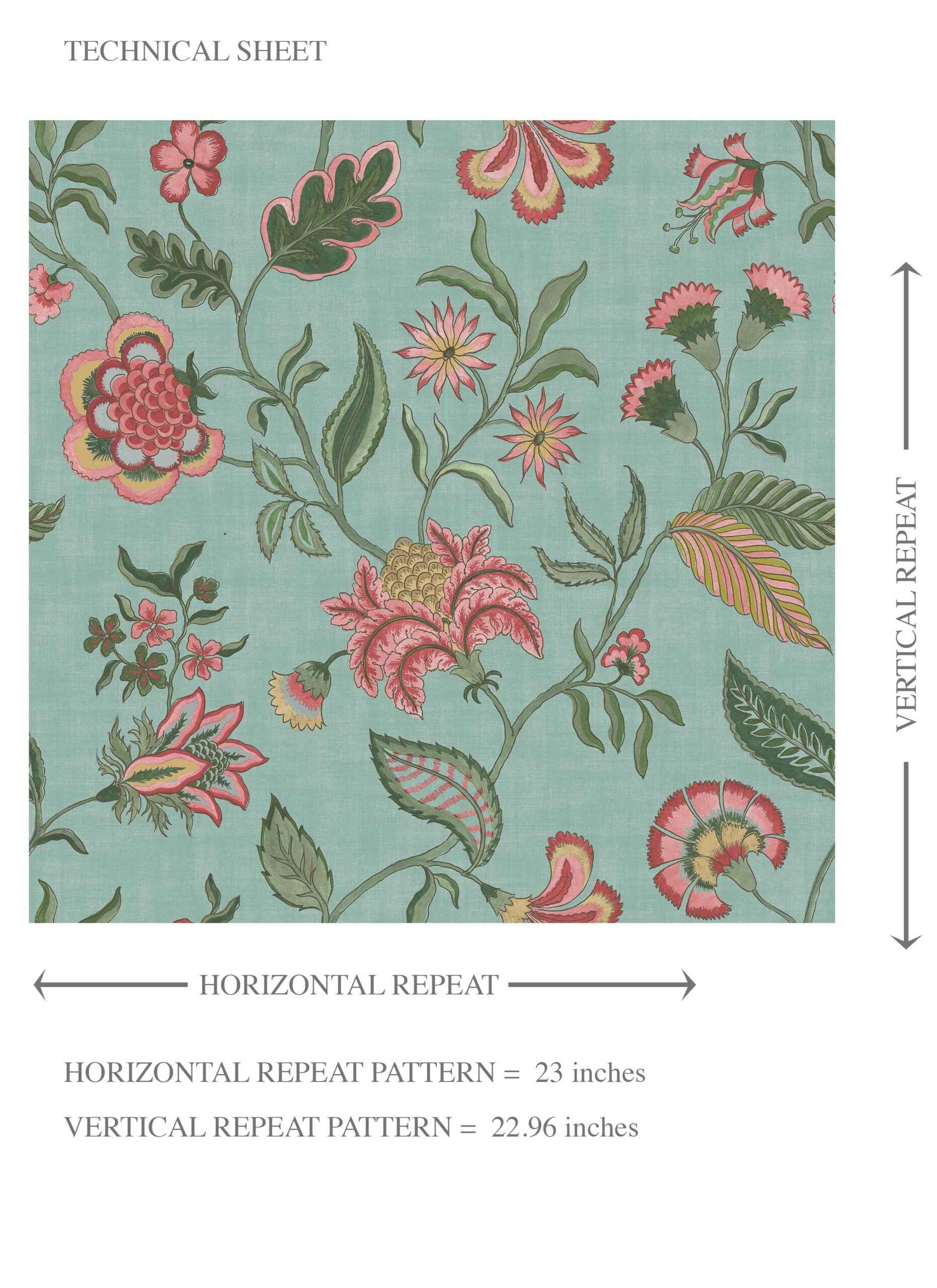 Botanical/ Floral Chinoiserie Kids Room Wallpaper Sample (Blue-Green/ Pink/ Red)