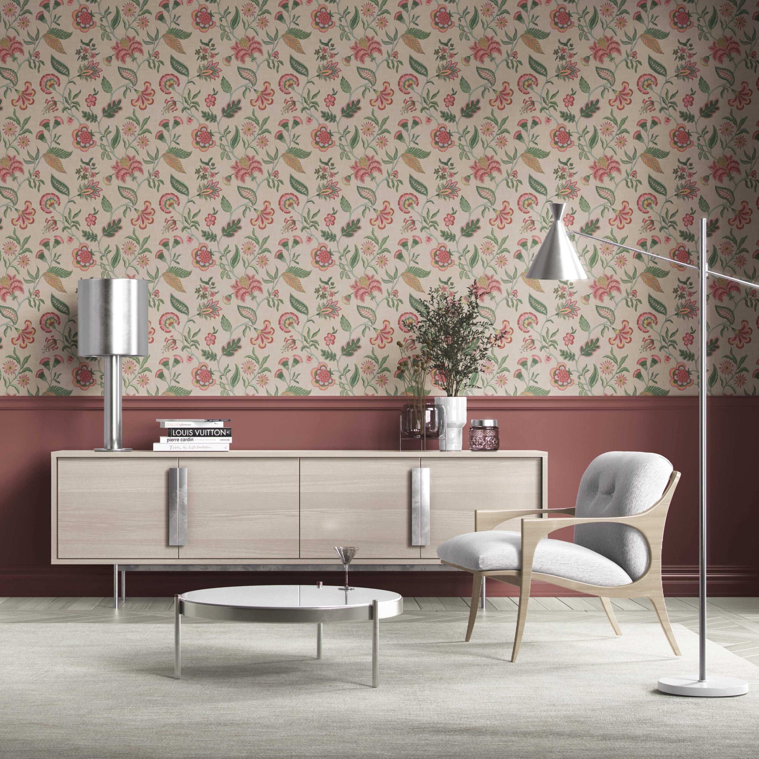 Botanical/ Floral Chinoiserie Kitchen Wallpaper Sample (Soft Pink/ Green/ Red/ Blue)
