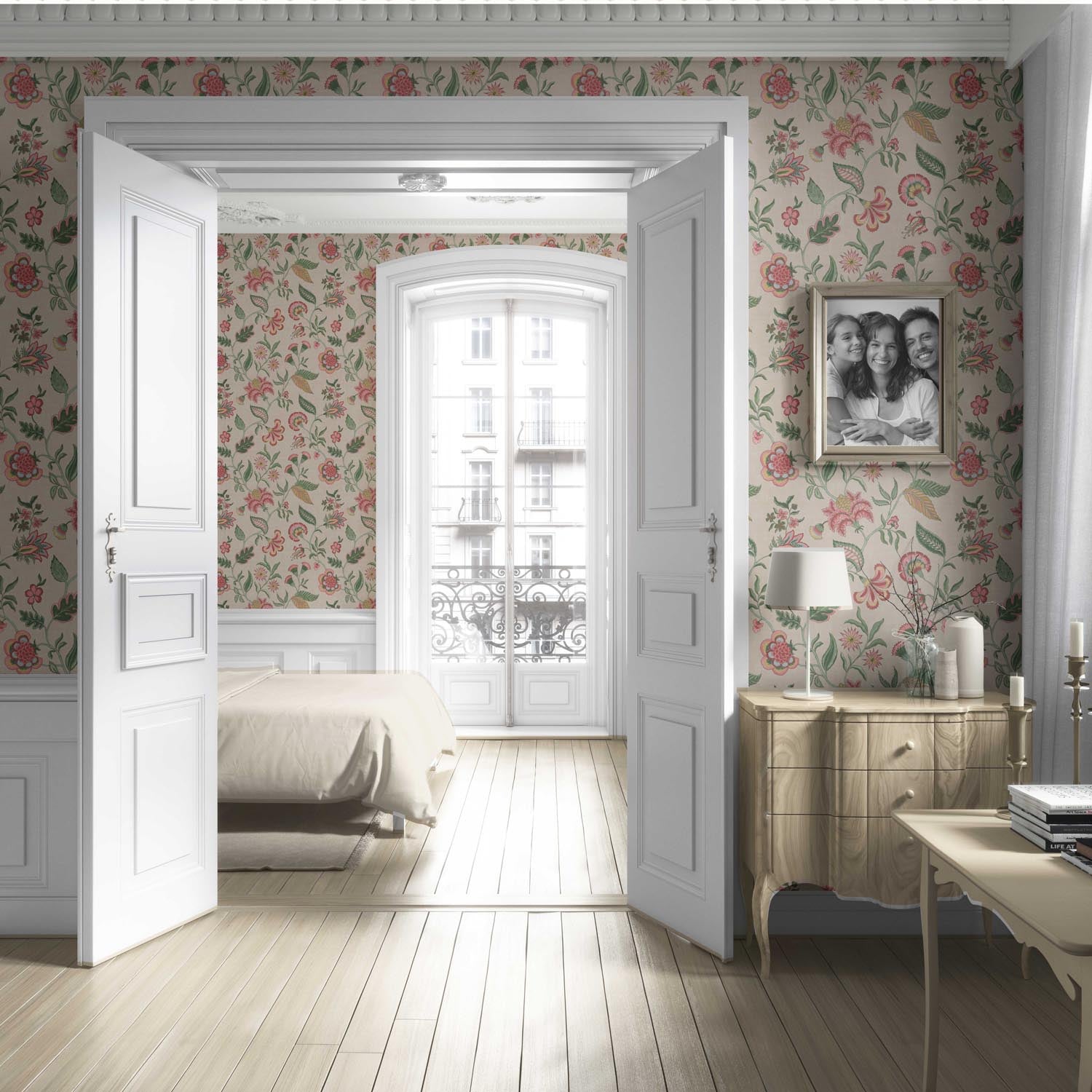 Botanical/ Floral Chinoiserie Living Room Wallpaper Sample (Soft Pink/ Green/ Red/ Blue)