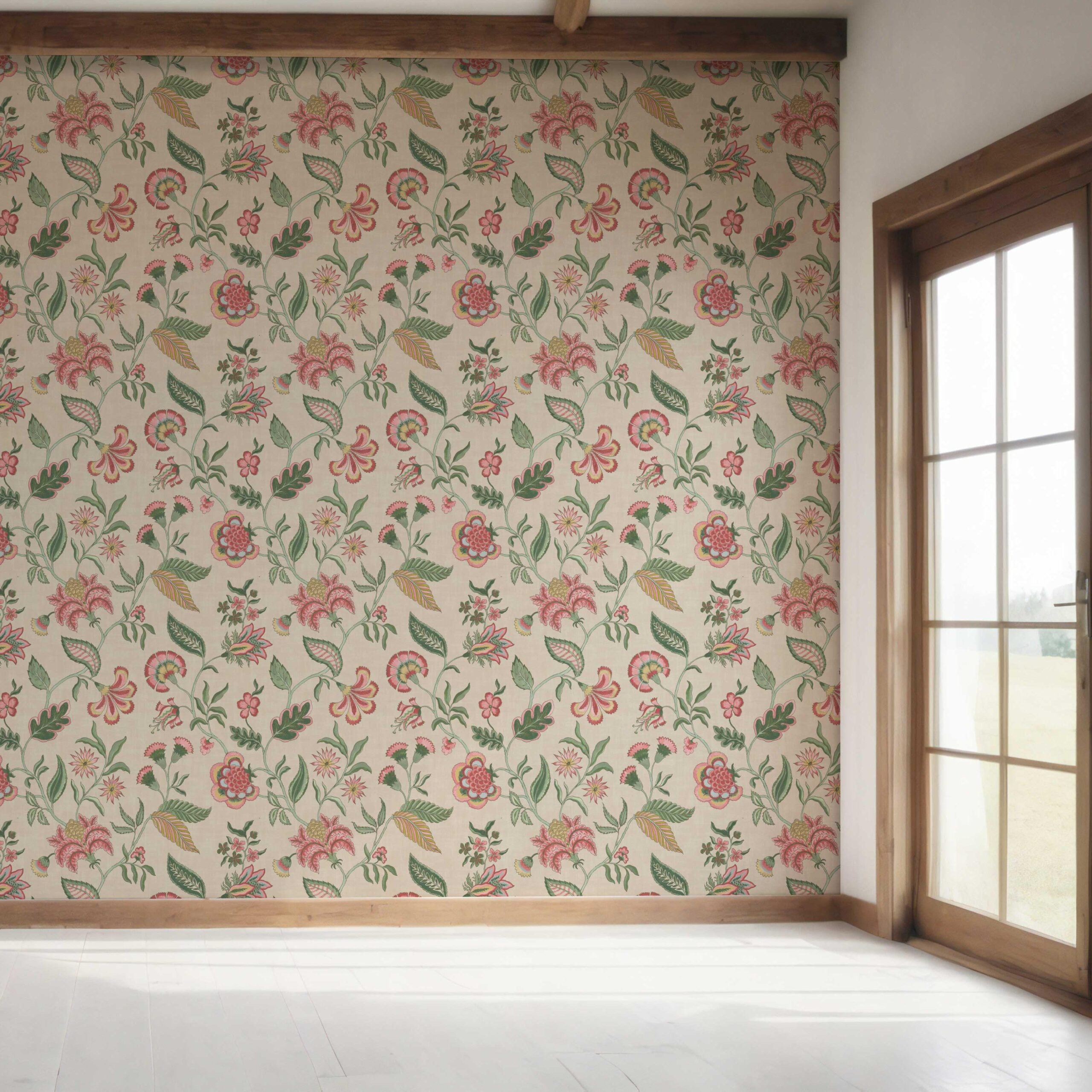 Botanical/ Floral Chinoiserie Bedroom Wallpaper Sample (Soft Pink/ Green/ Red/ Blue)