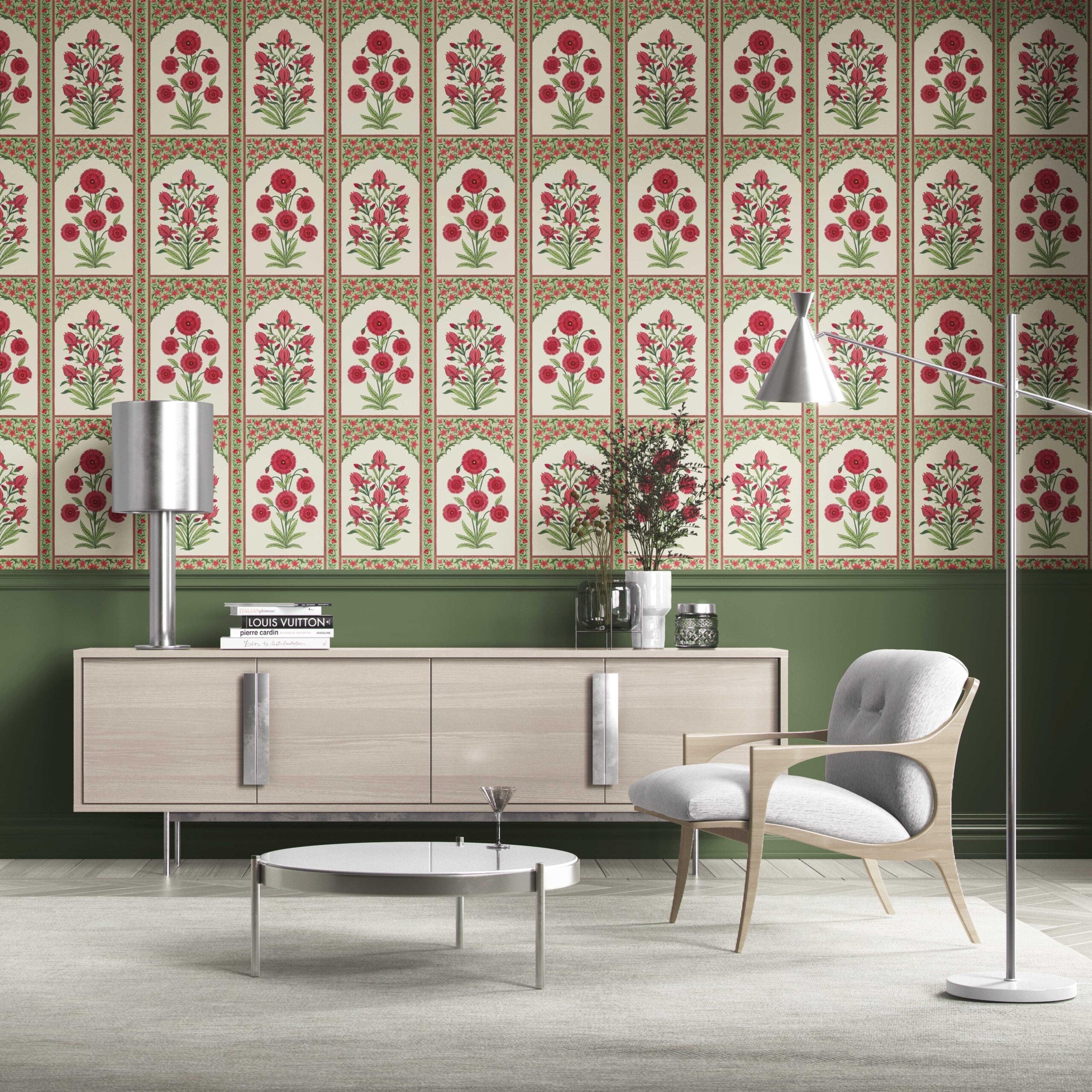 Vintage Ethnic Floral Block Print Traditional Wallpaper (Red/ Pink/ Green)