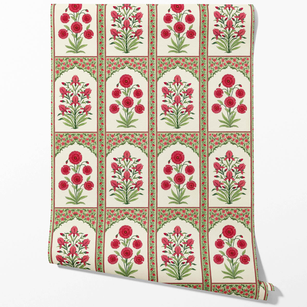 Vintage Ethnic Floral Block Print Kitchen Wallpaper (Red/ Pink/ Green)