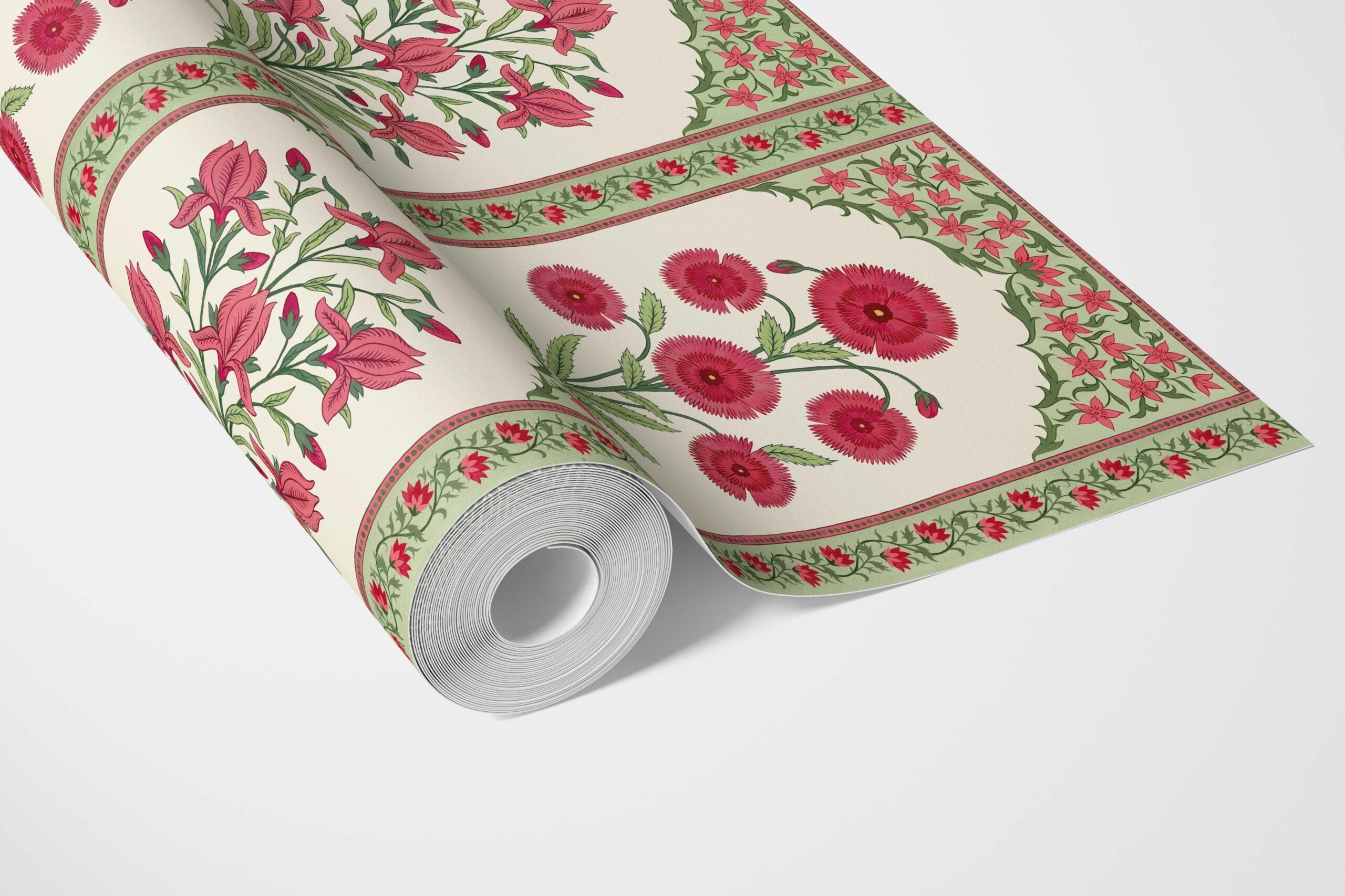 Vintage Ethnic Floral Block Print Bathroom Wallpaper (Red/ Pink/ Green)