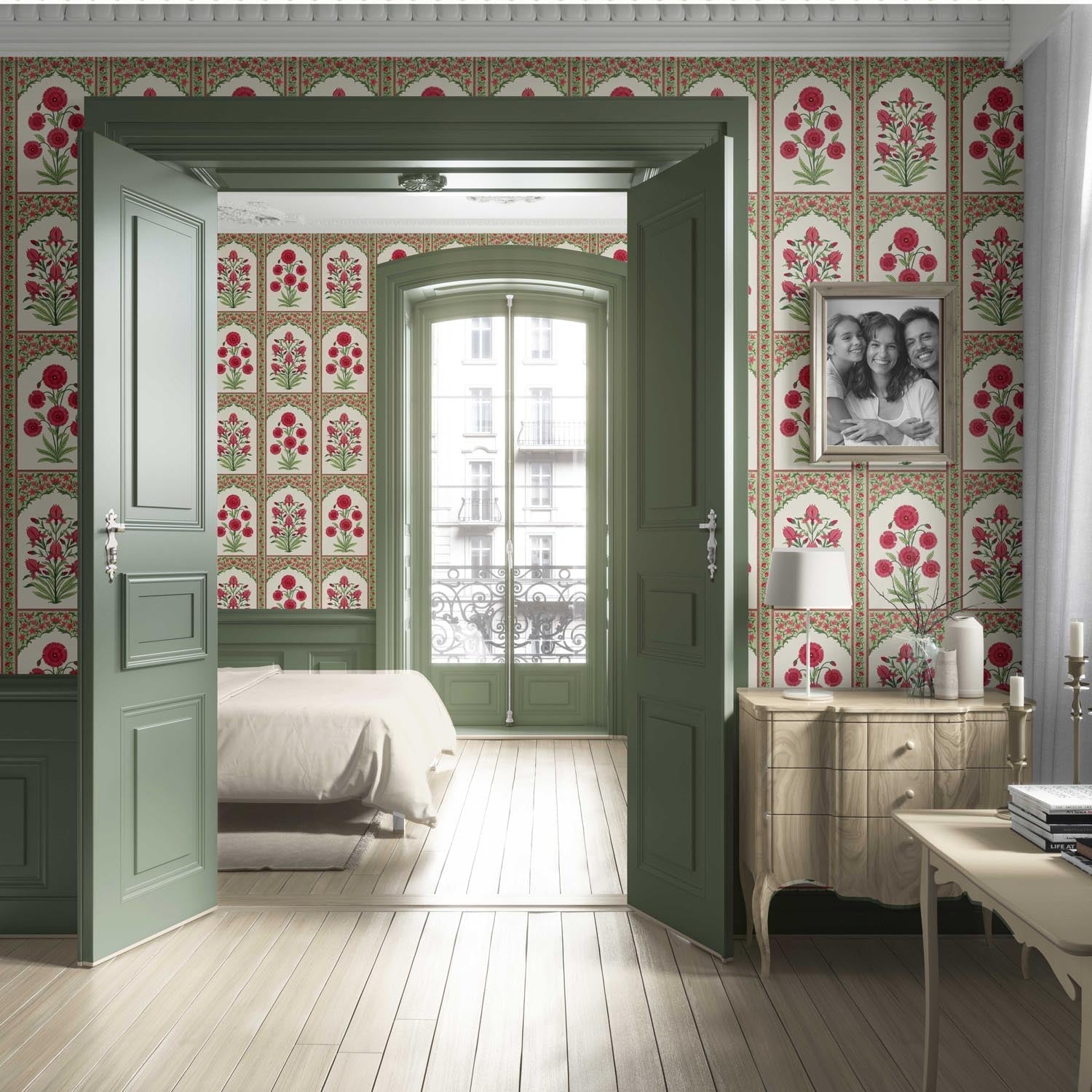 Vintage Ethnic Floral Block Print Living Room Wallpaper (Red/ Pink/ Green)