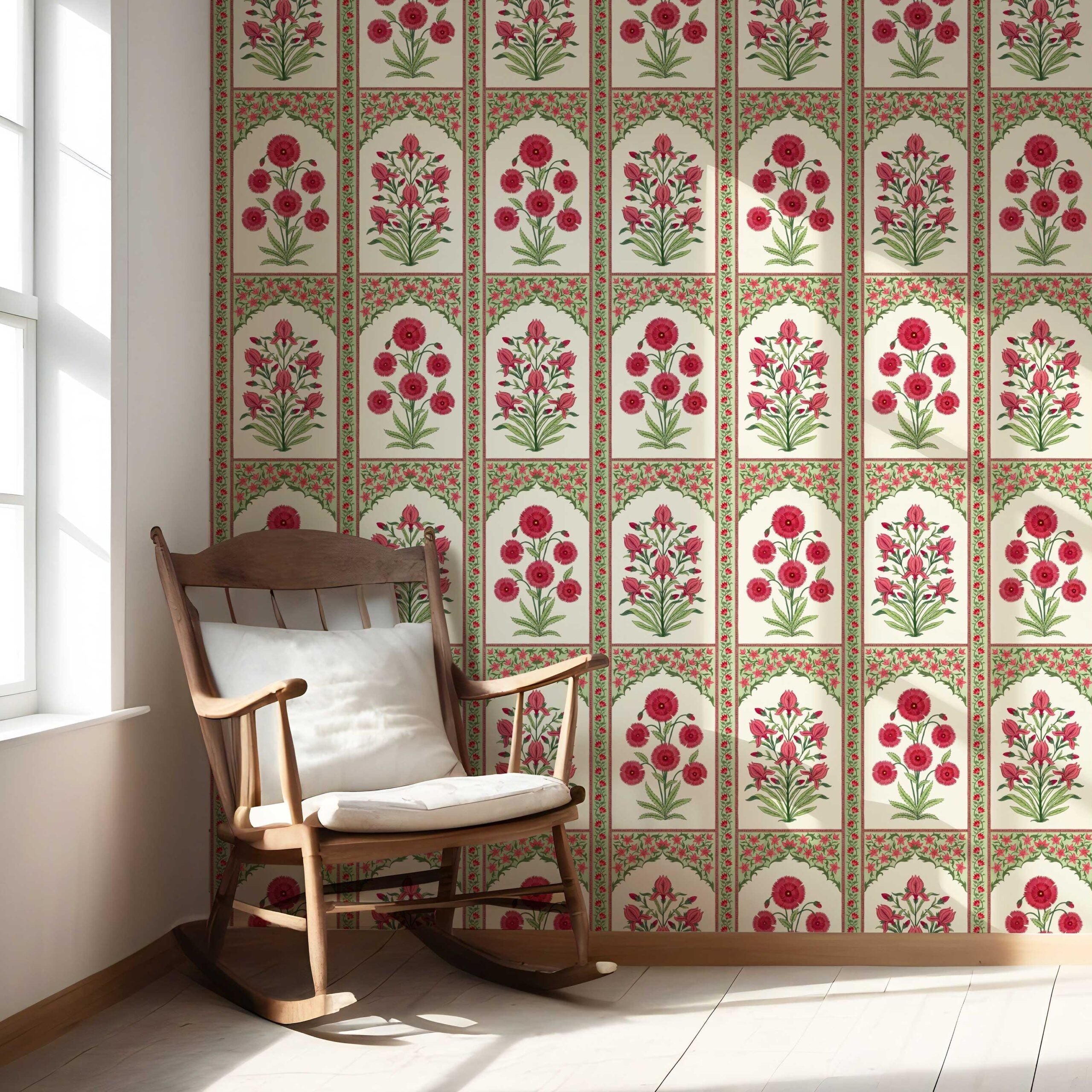 Vintage Ethnic Floral Block Print Nursery Wallpaper (Red/ Pink/ Green)