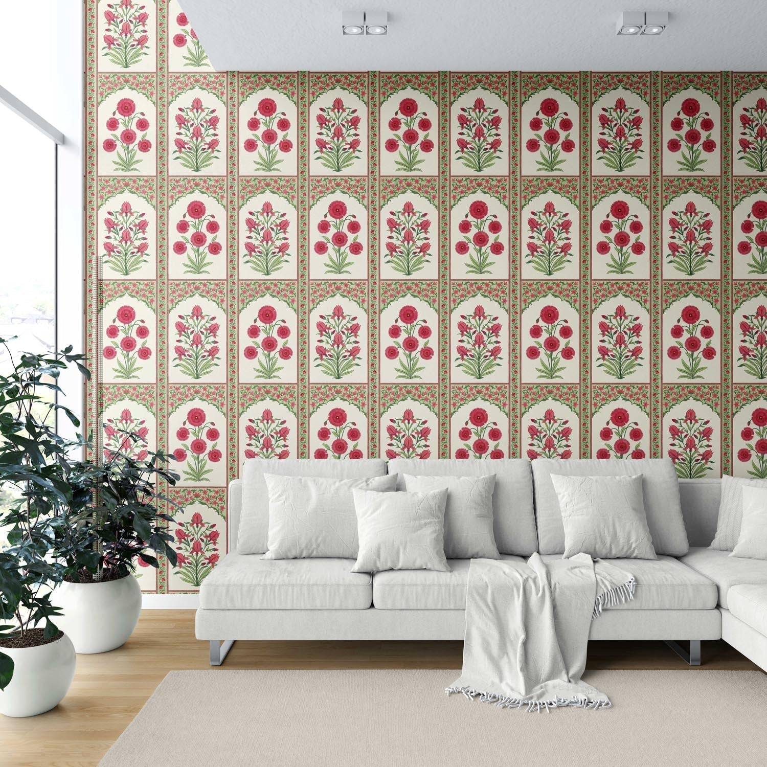 Vintage Ethnic Floral Block Print Shower Toilet Wallpaper (Red/ Pink/ Green)