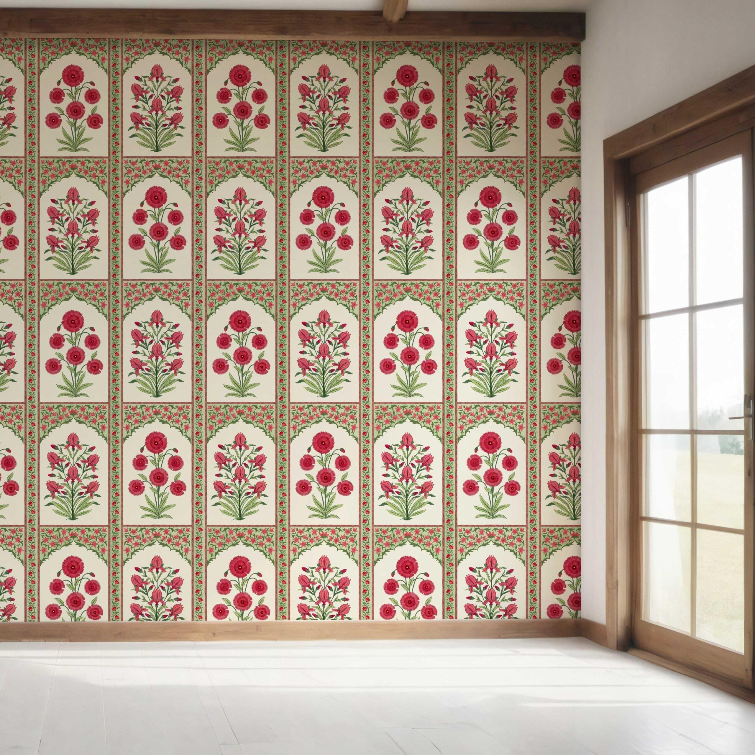 Vintage Ethnic Floral Block Print Bedroom Wallpaper (Red/ Pink/ Green)