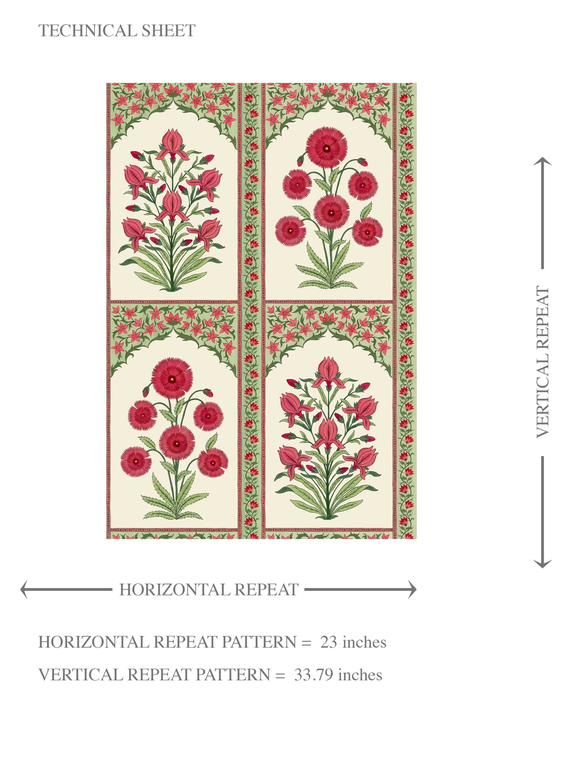 Vintage Ethnic Floral Block Print Kids Room Wallpaper (Red/ Pink/ Green)