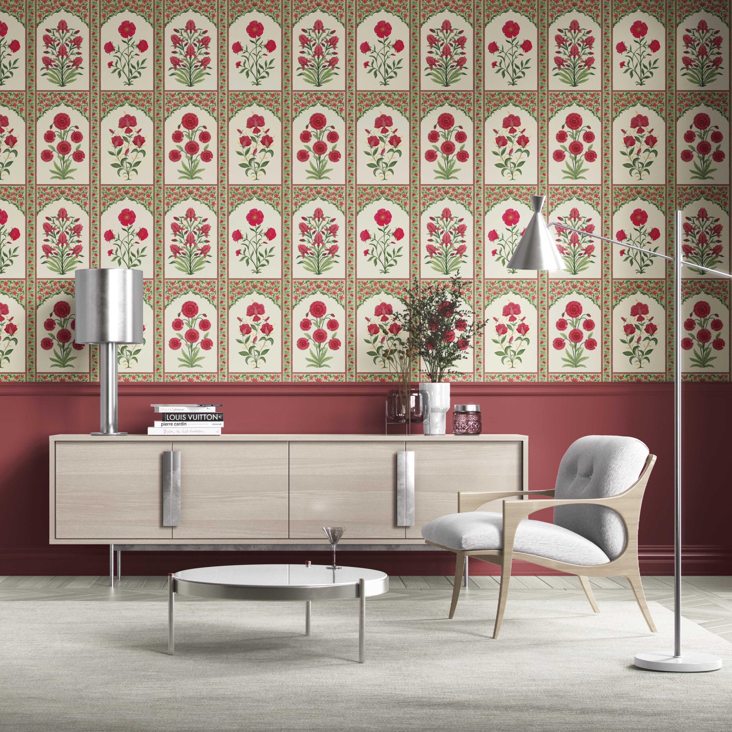Vintage Ethnic Floral Block Print Traditional Wallpaper (Red/ Pink/ Green)