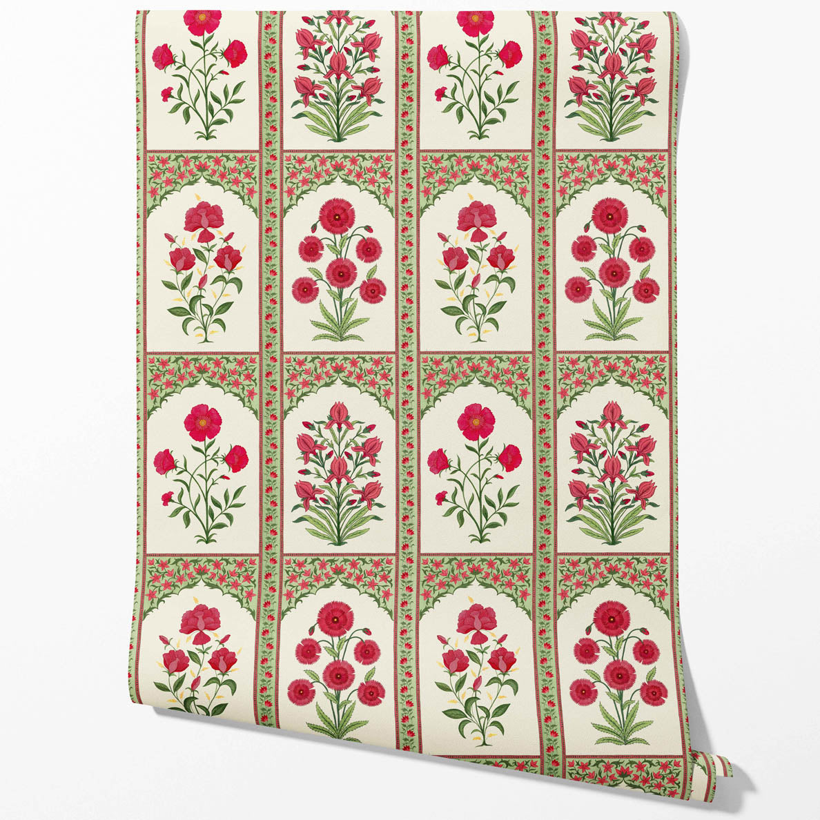 Vintage Ethnic Floral Block Print Kitchen Wallpaper (Red/ Pink/ Green)