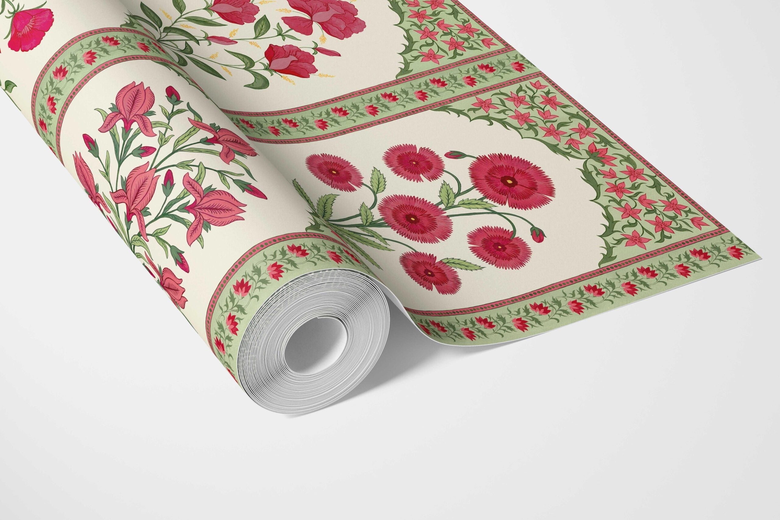 Vintage Ethnic Floral Block Print Bathroom Wallpaper (Red/ Pink/ Green)