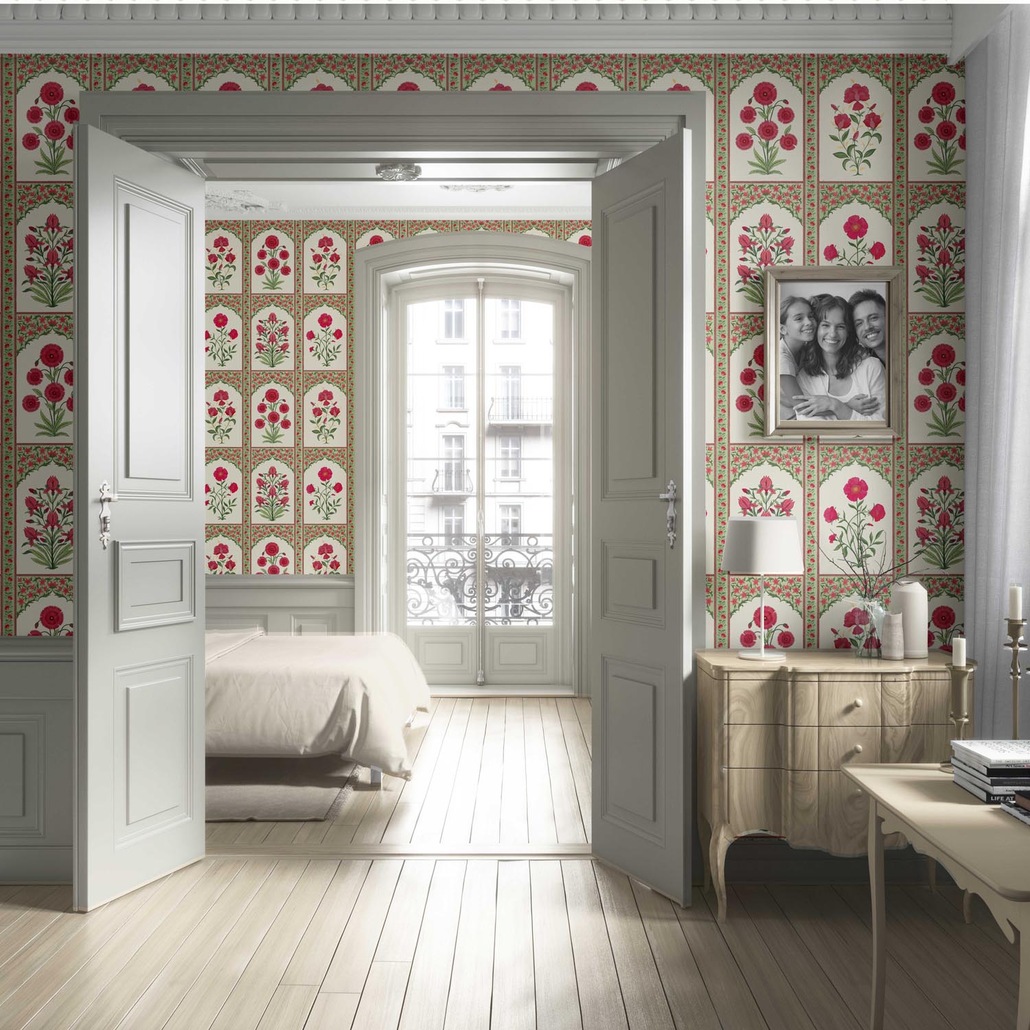 Vintage Ethnic Floral Block Print Living Room Wallpaper (Red/ Pink/ Green)