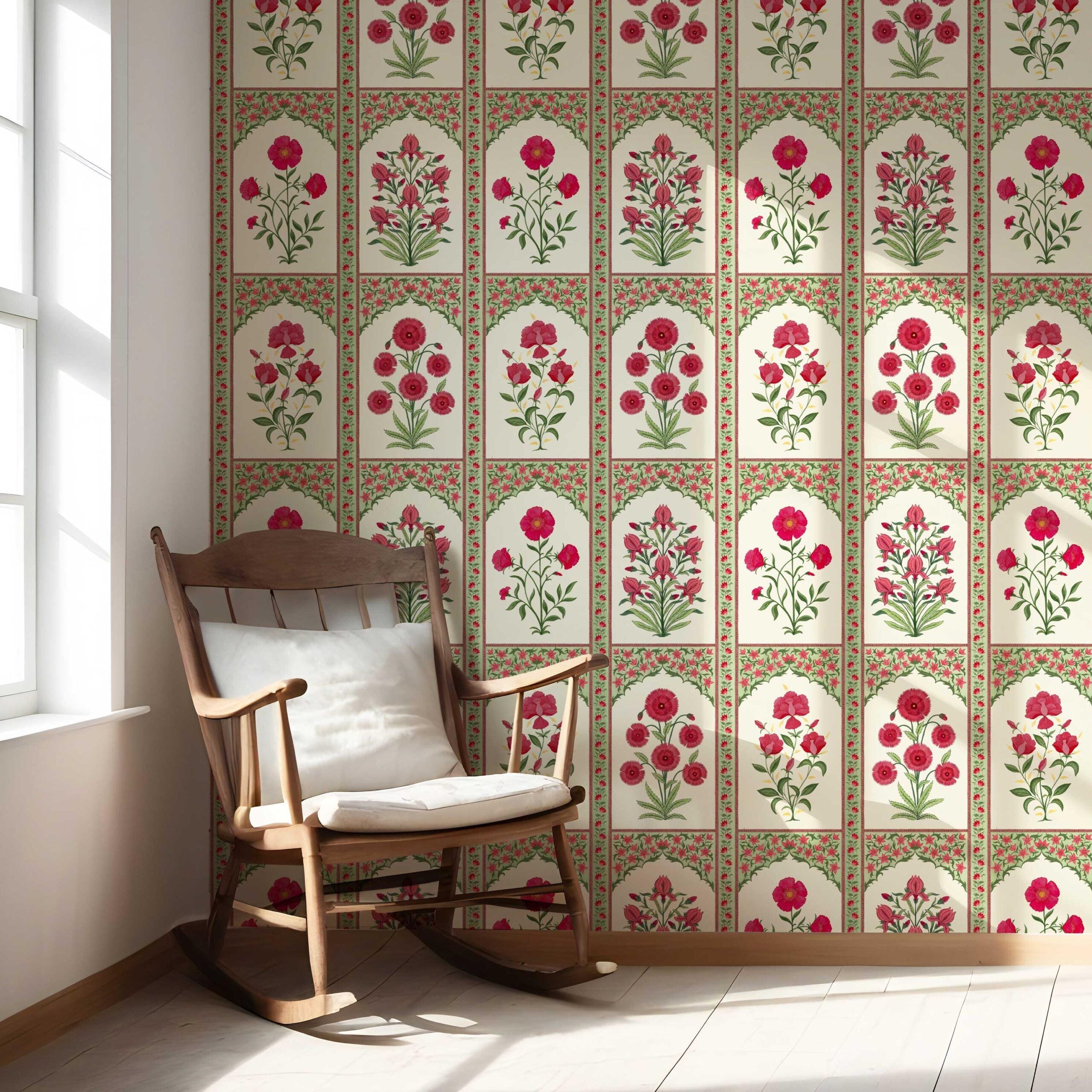 Vintage Ethnic Floral Block Print Nursery Wallpaper Sample (Red/ Pink/ Green)