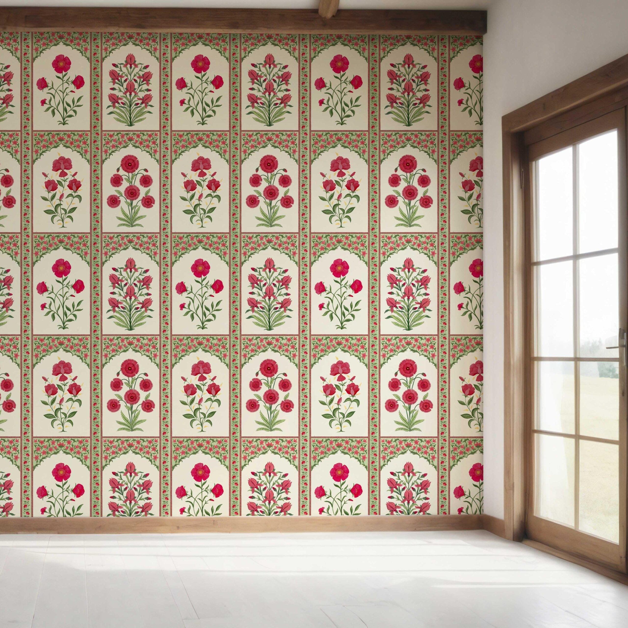 Vintage Ethnic Floral Block Print Bedroom Wallpaper Sample (Red/ Pink/ Green)