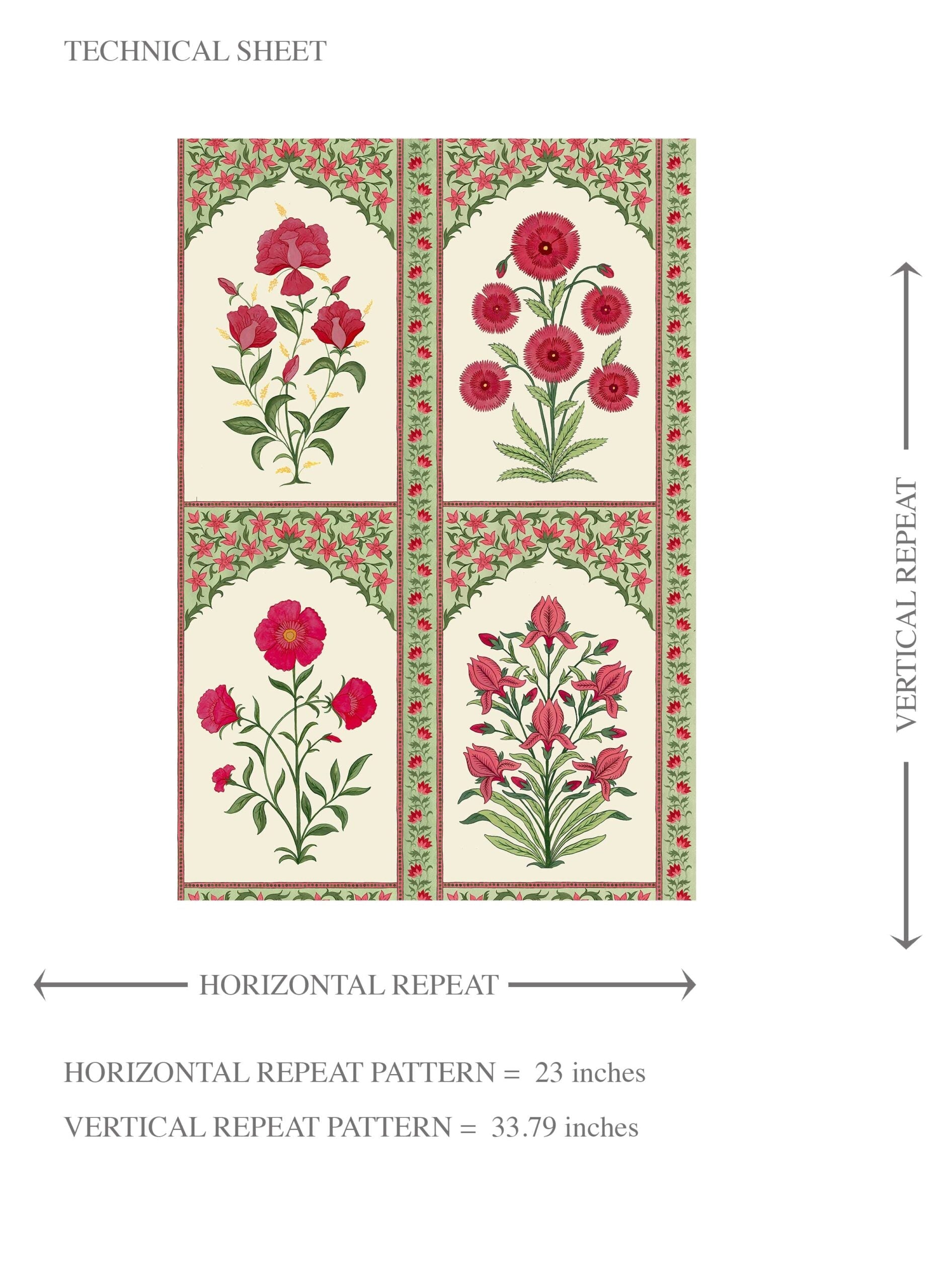 Vintage Ethnic Floral Block Print Kids Room Wallpaper (Red/ Pink/ Green)