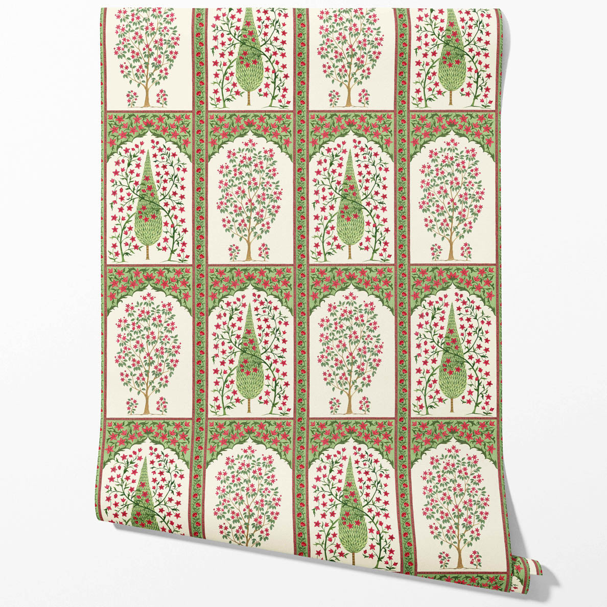 Vintage Ethnic Floral Block Print Kitchen Wallpaper (Pink/ Red/ Green)
