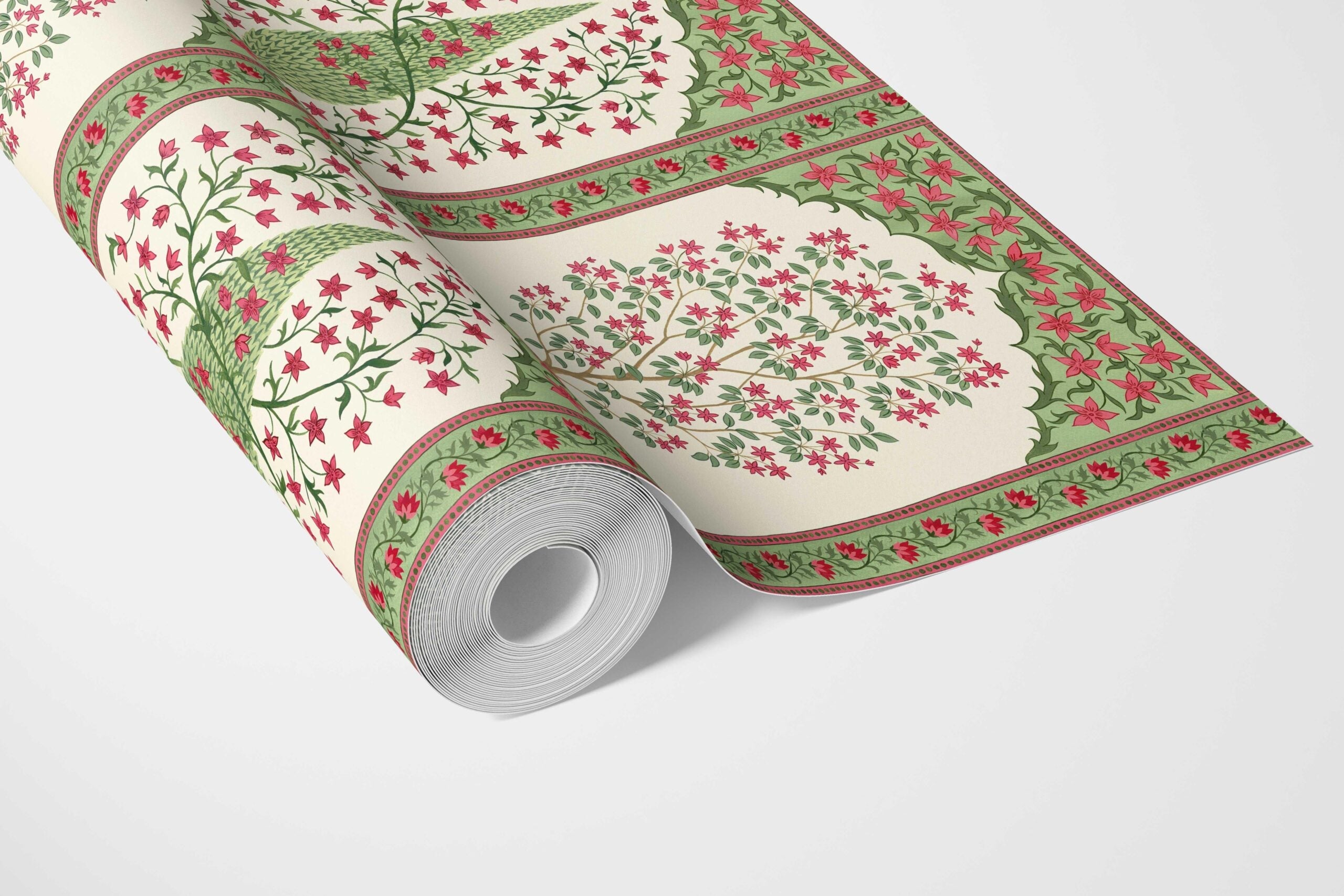 Vintage Ethnic Floral Block Print Bathroom Wallpaper (Pink/ Red/ Green)