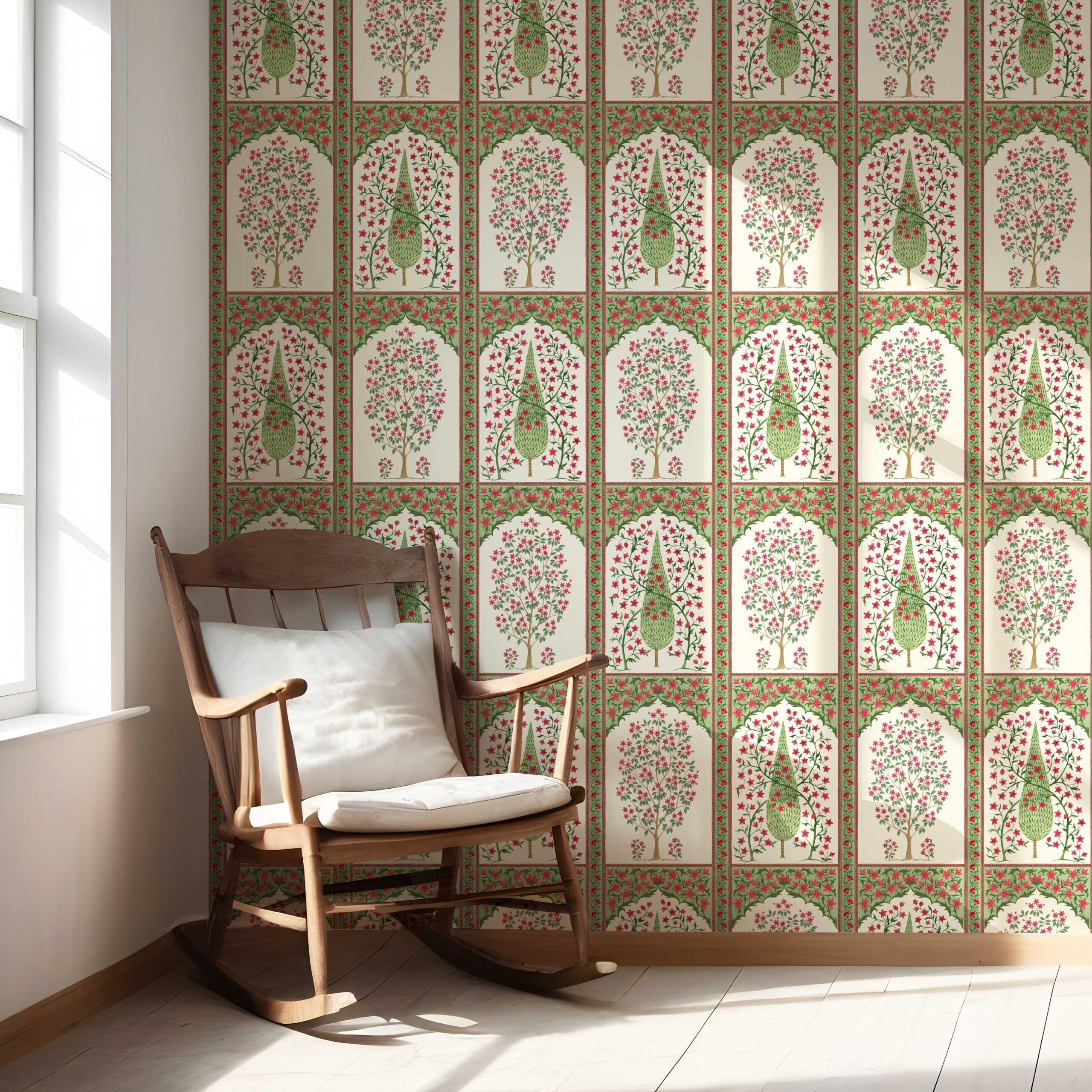 Vintage Ethnic Floral Block Print Nursery Wallpaper Sample (Pink/ Red/ Green)