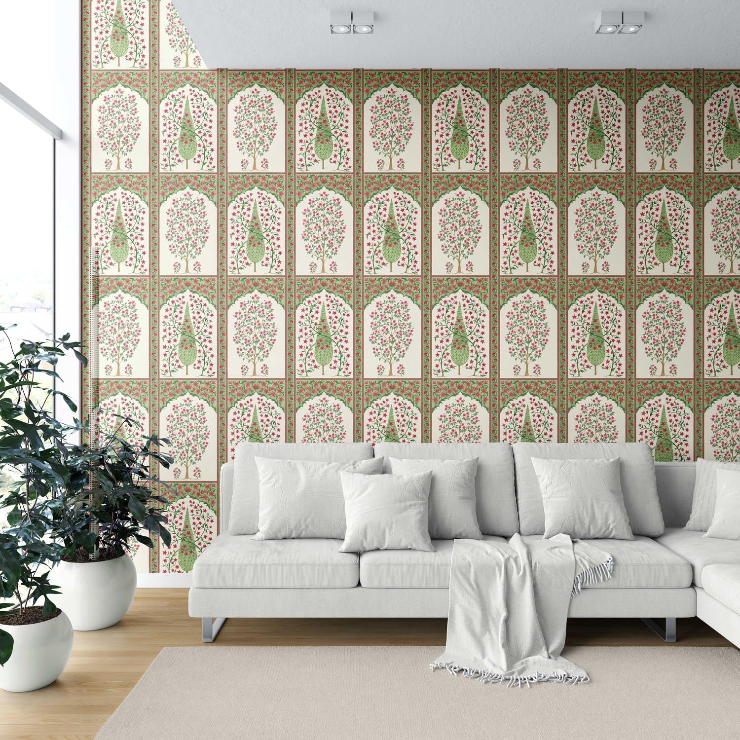 Vintage Ethnic Floral Block Print Shower Toilet Wallpaper (Pink/ Red/ Green)