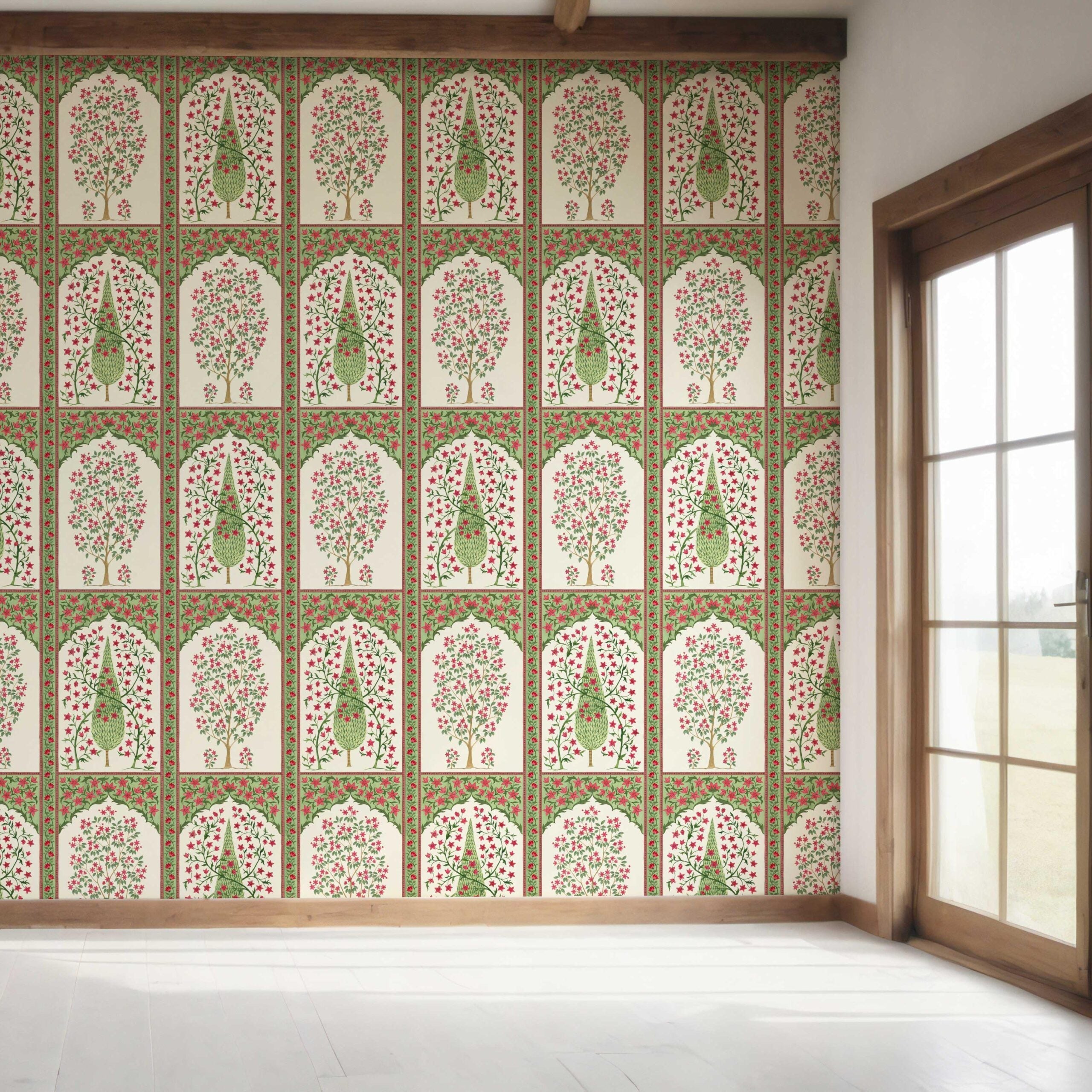 Vintage Ethnic Floral Block Print Bedroom Wallpaper (Pink/ Red/ Green)