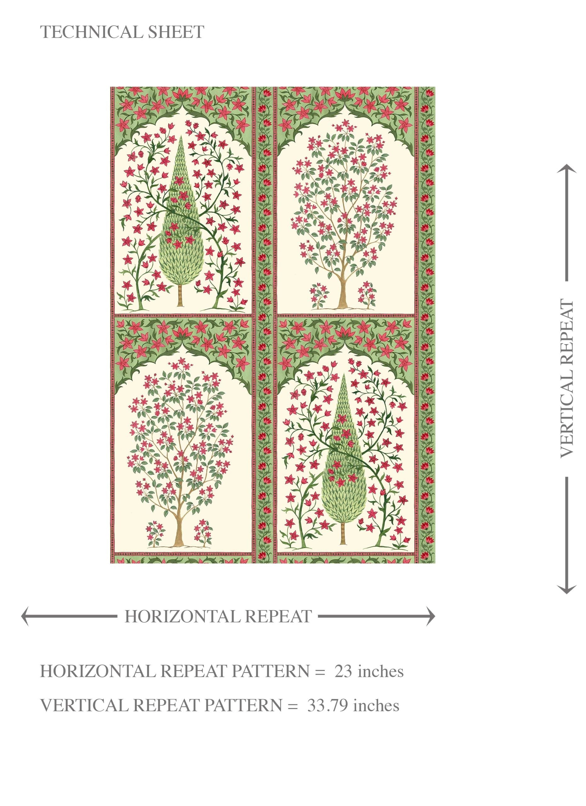 Vintage Ethnic Floral Block Print Kids Room Wallpaper (Pink/ Red/ Green)