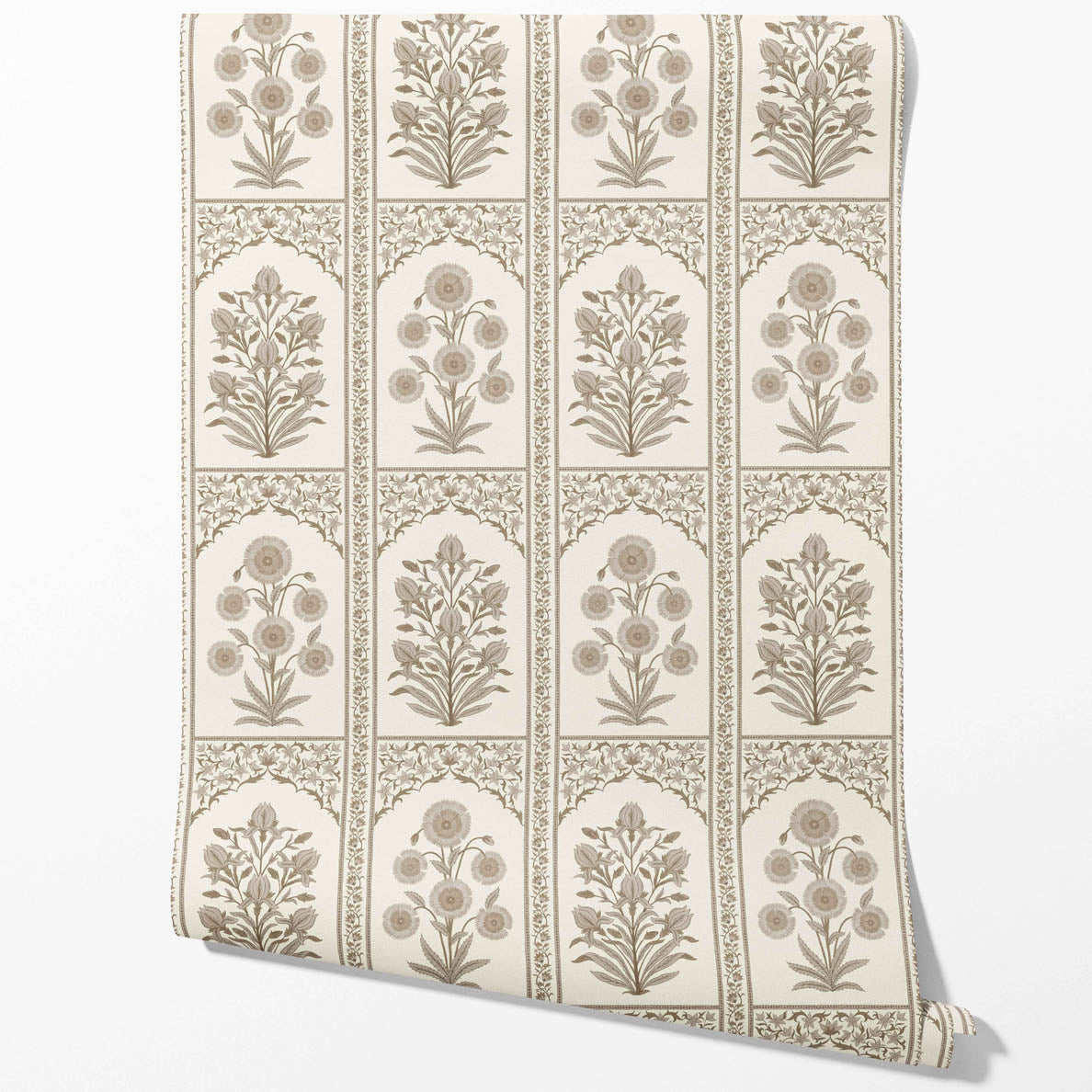 Neutral Vintage Ethnic Floral Block Print Kitchen Wallpaper Sample (Beige/ Taupe/ Cream)