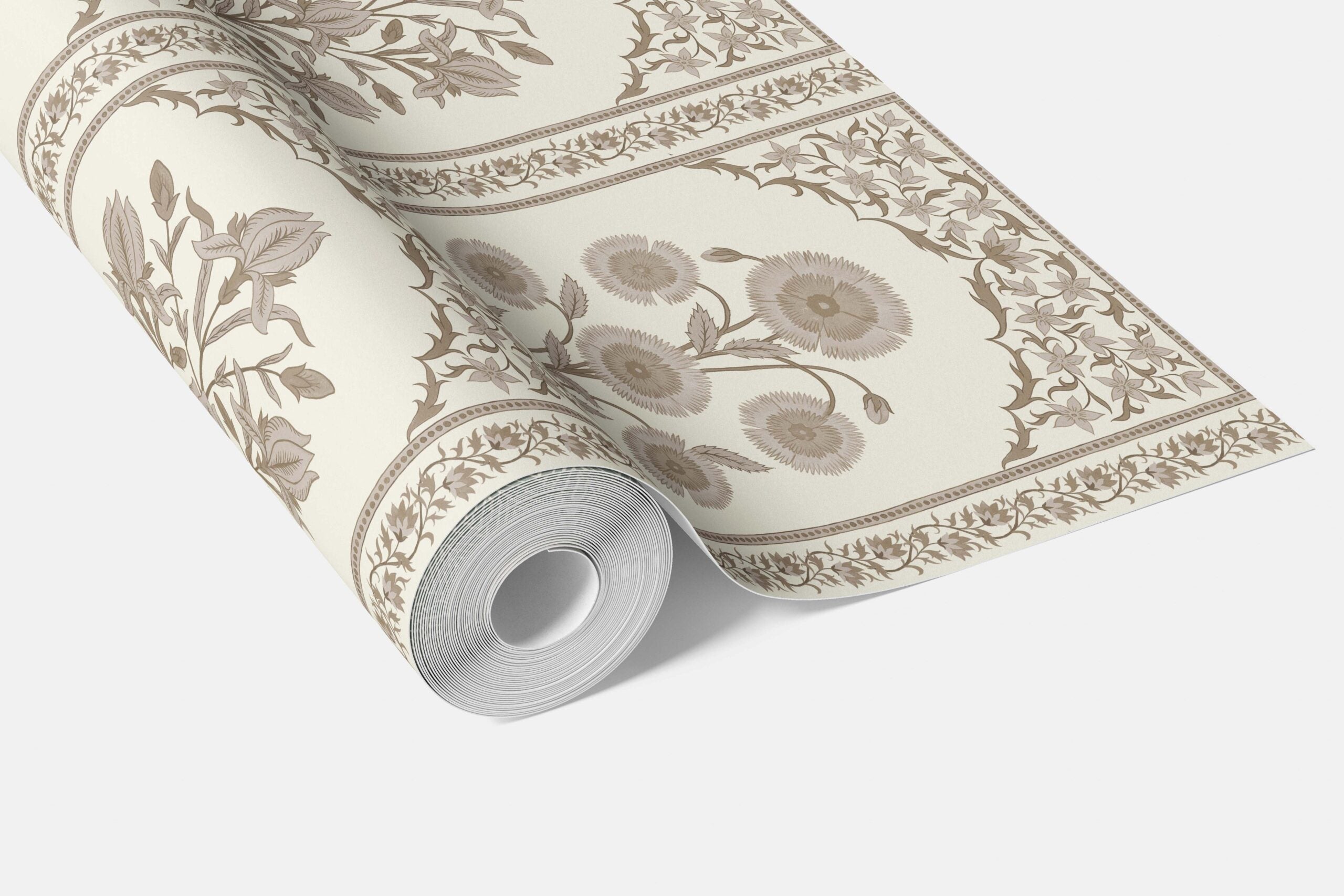 Neutral Vintage Ethnic Floral Block Print Bathroom Wallpaper Sample (Beige/ Taupe/ Cream)