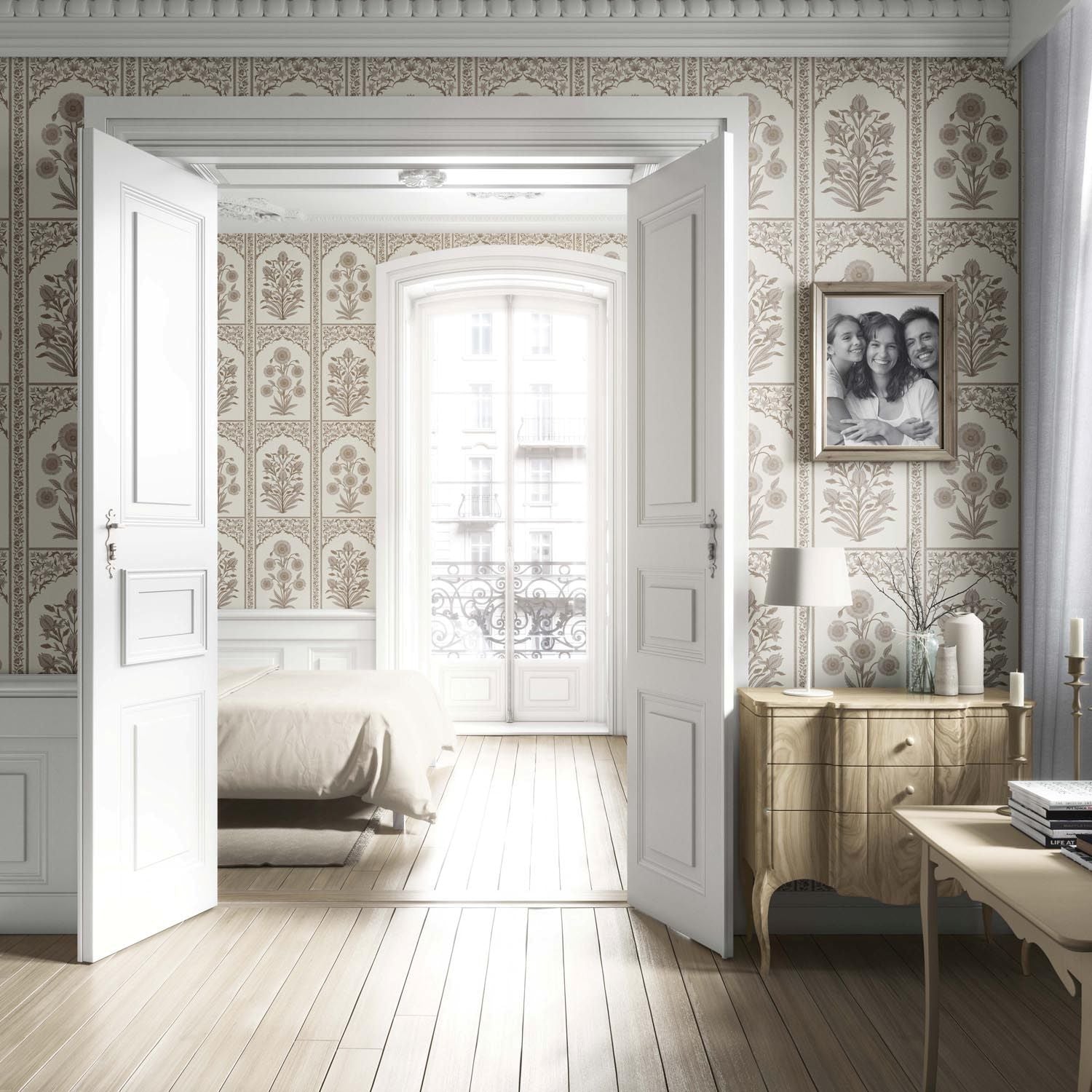 Neutral Vintage Ethnic Floral Block Print Living Room Wallpaper Sample (Beige/ Taupe/ Cream)