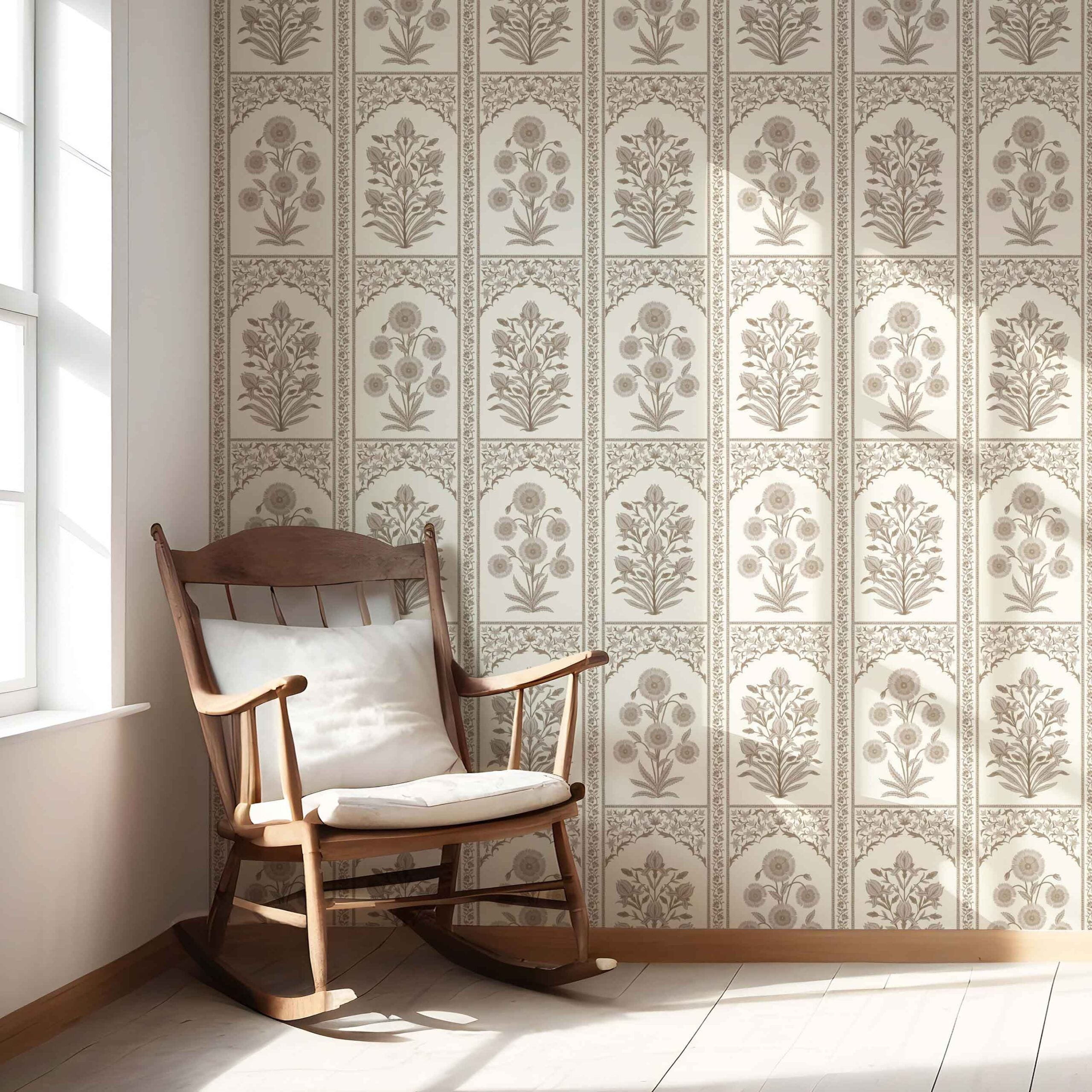 Neutral Vintage Ethnic Floral Block Print Nursery Wallpaper Sample (Beige/ Taupe/ Cream)