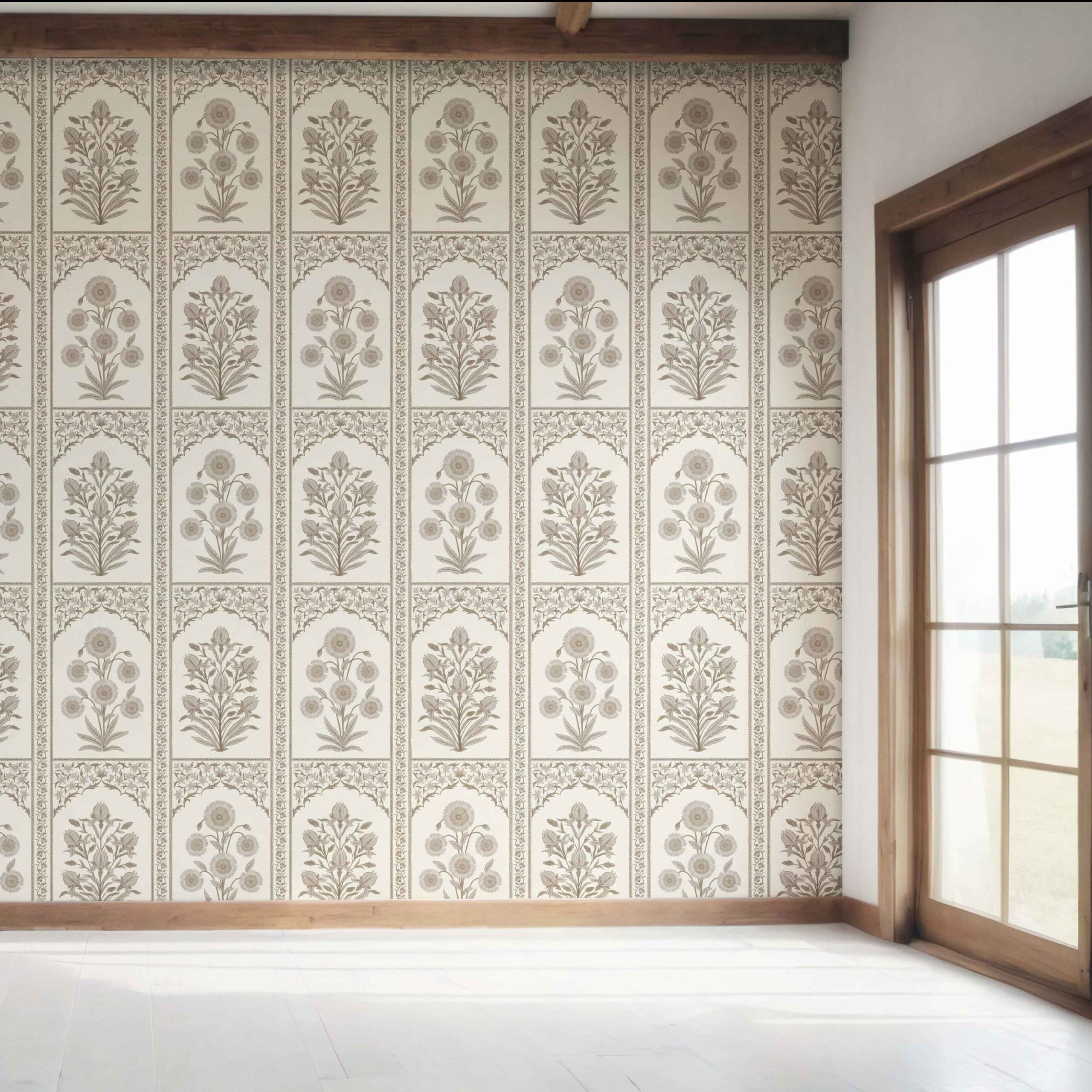 Neutral Vintage Ethnic Floral Block Print Bedroom Wallpaper Sample (Beige/ Taupe/ Cream)
