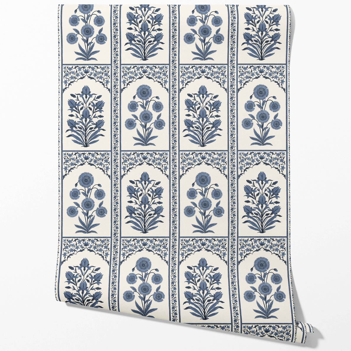 Vintage Ethnic Floral Block Print Kitchen Wallpaper Sample (Navy Blue/ Cream)