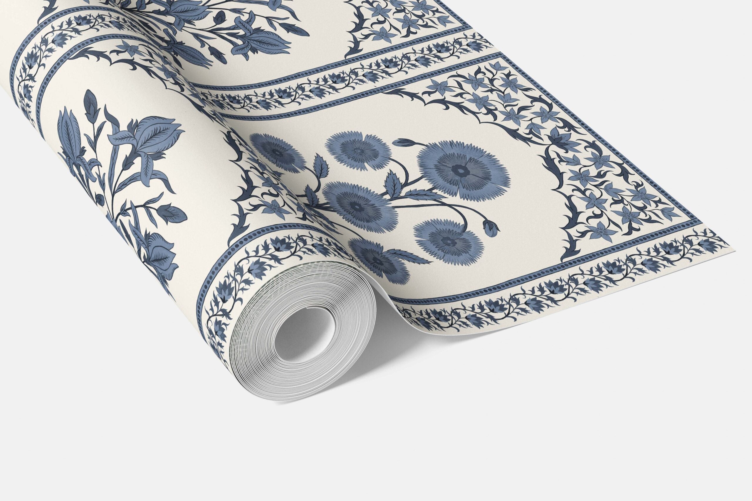 Vintage Ethnic Floral Block Print Bathroom Wallpaper Sample (Navy Blue/ Cream)