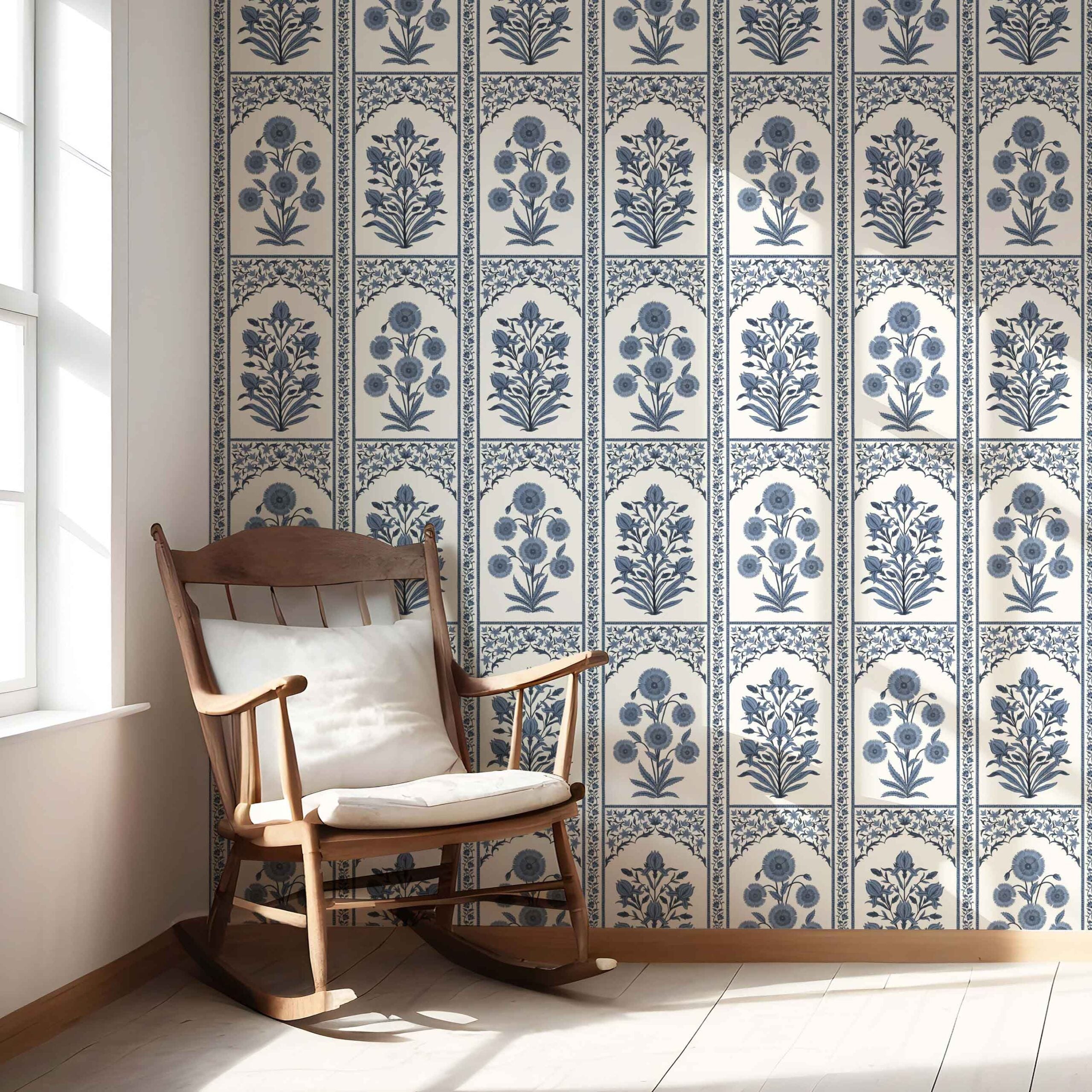 Vintage Ethnic Floral Block Print Nursery Wallpaper Sample (Navy Blue/ Cream)