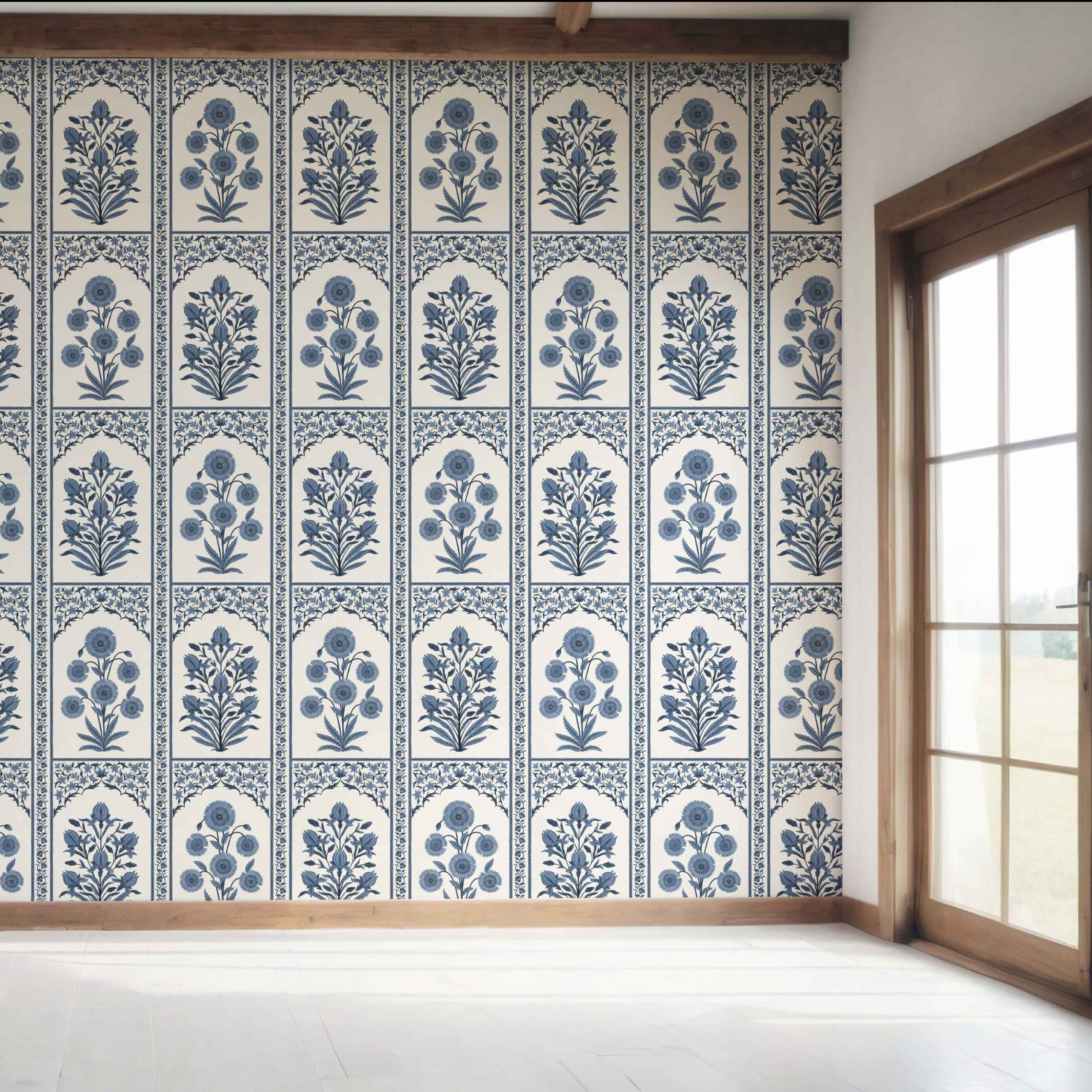 Vintage Ethnic Floral Block Print Bedroom Wallpaper (Navy Blue/ Cream)