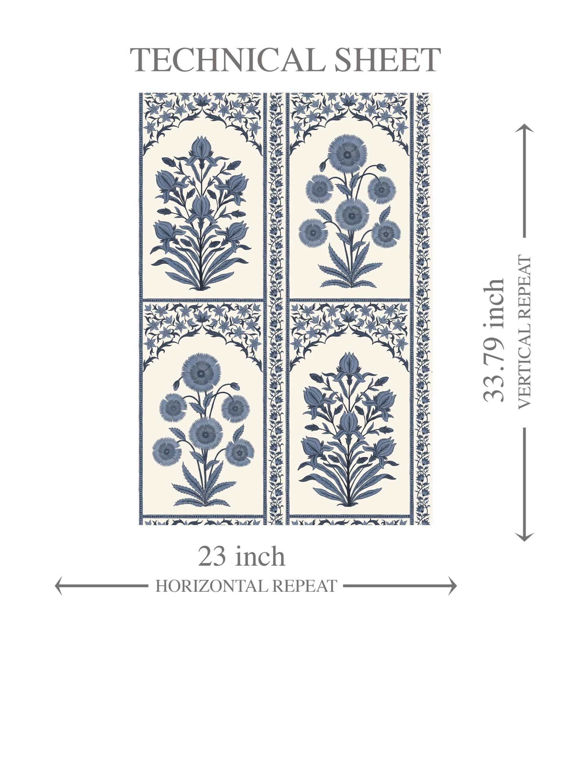 Vintage Ethnic Floral Block Print Kids Room Wallpaper Sample (Navy Blue/ Cream)