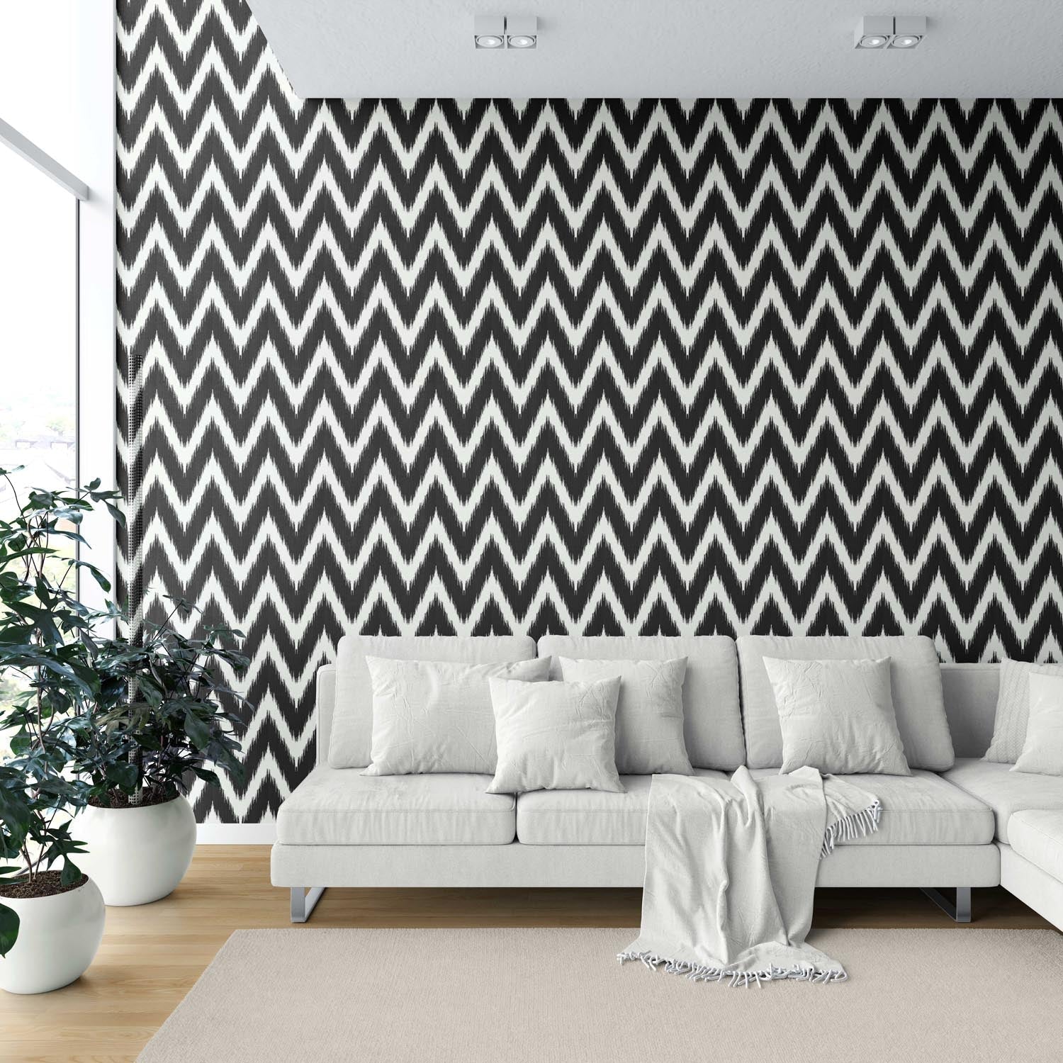 Neutral Chevron/ Zigzag Geometric Shower Toilet Wallpaper Sample (Black/ White)