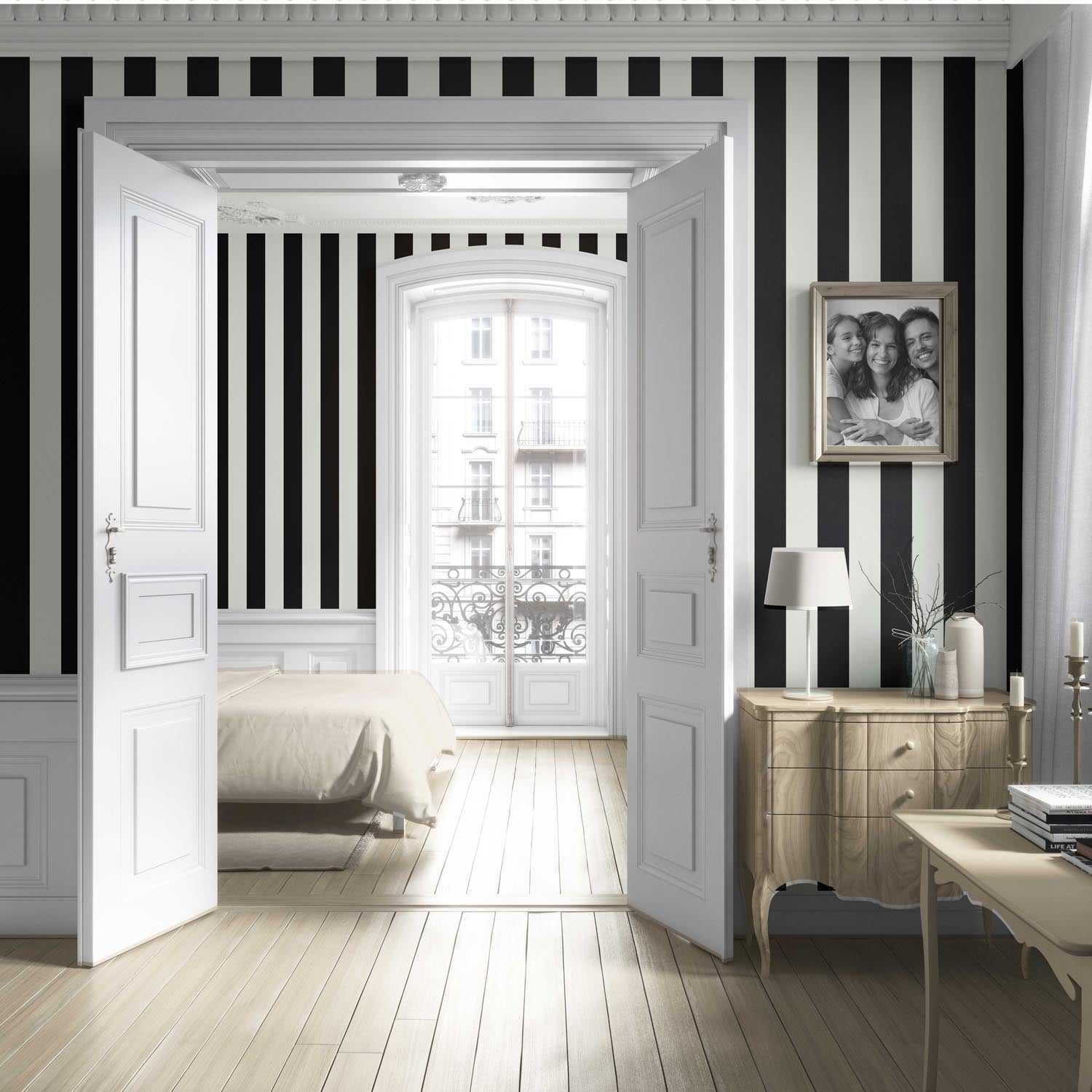 Neutral Scandi/ Geometric Striped Living Room Wallpaper Sample (Black/ White)