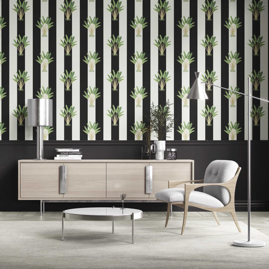 Geometric Floral Striped Traditional Wallpaper Sample (Black/ White/ Green)