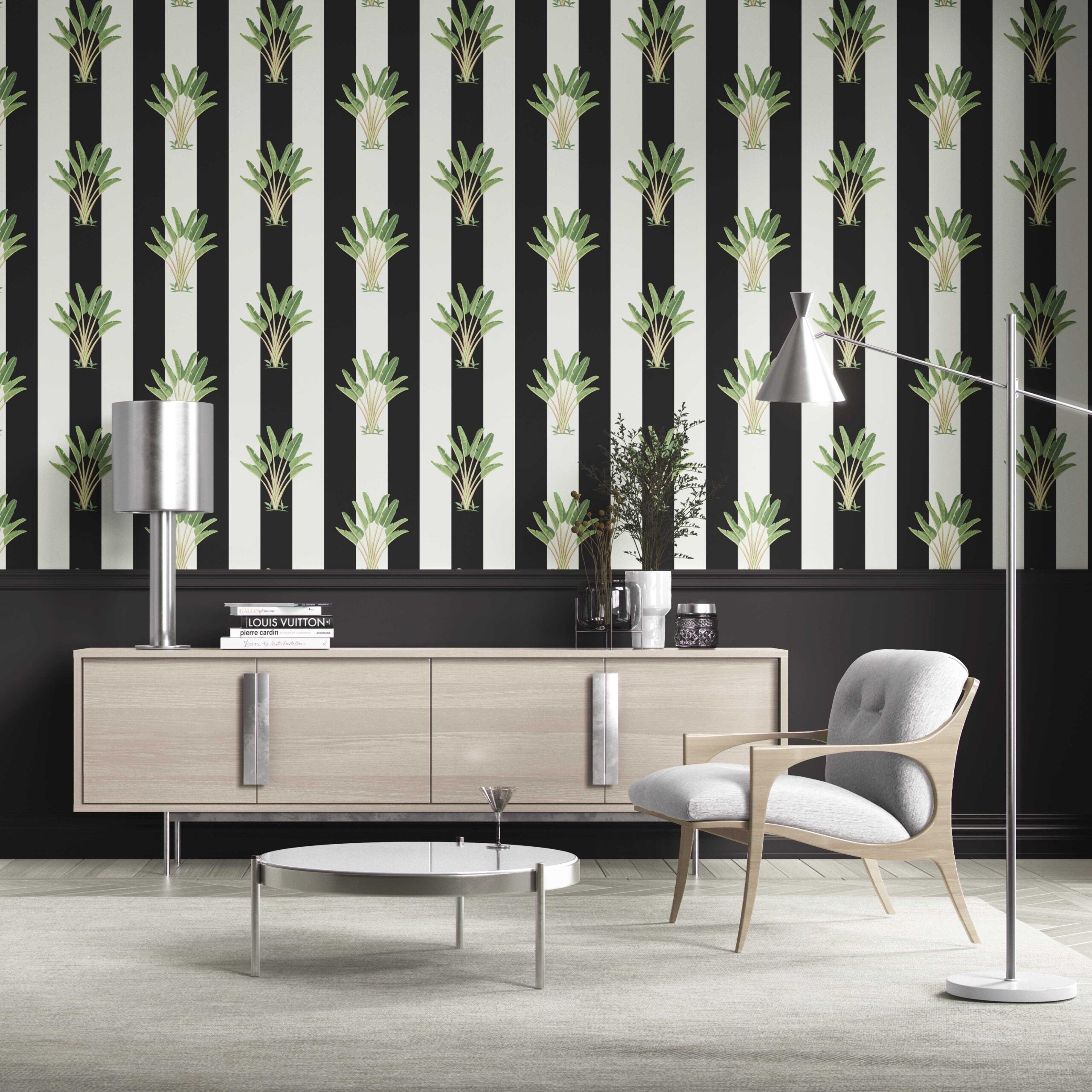 Geometric Floral Striped Traditional Wallpaper Sample (Black/ White/ Green)