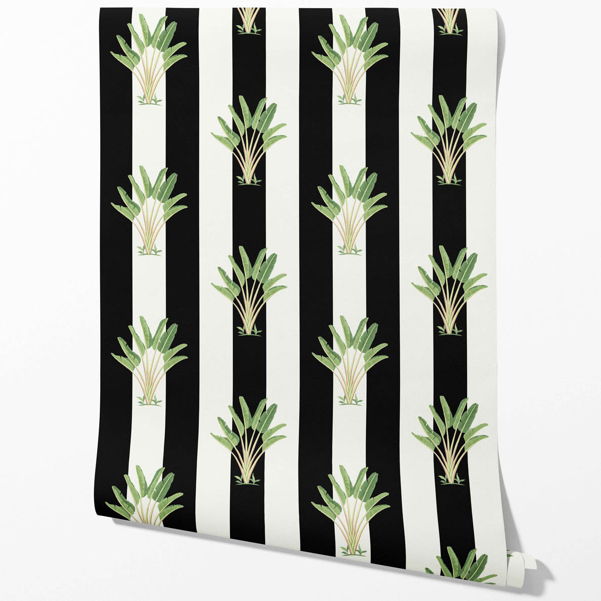 Geometric Floral Striped Kitchen Wallpaper Sample (Black/ White/ Green)