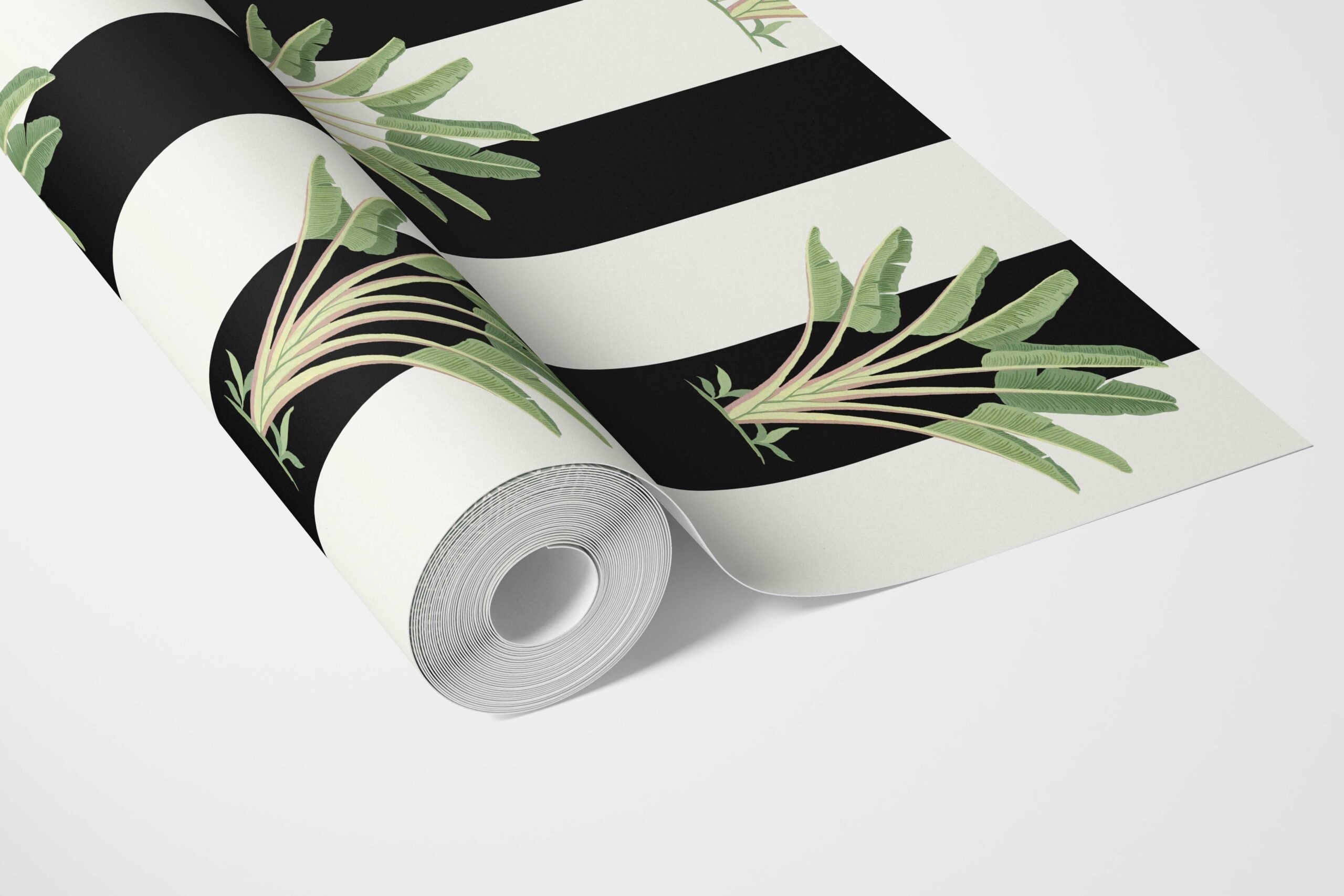Geometric Floral Striped Bathroom Wallpaper Sample (Black/ White/ Green)