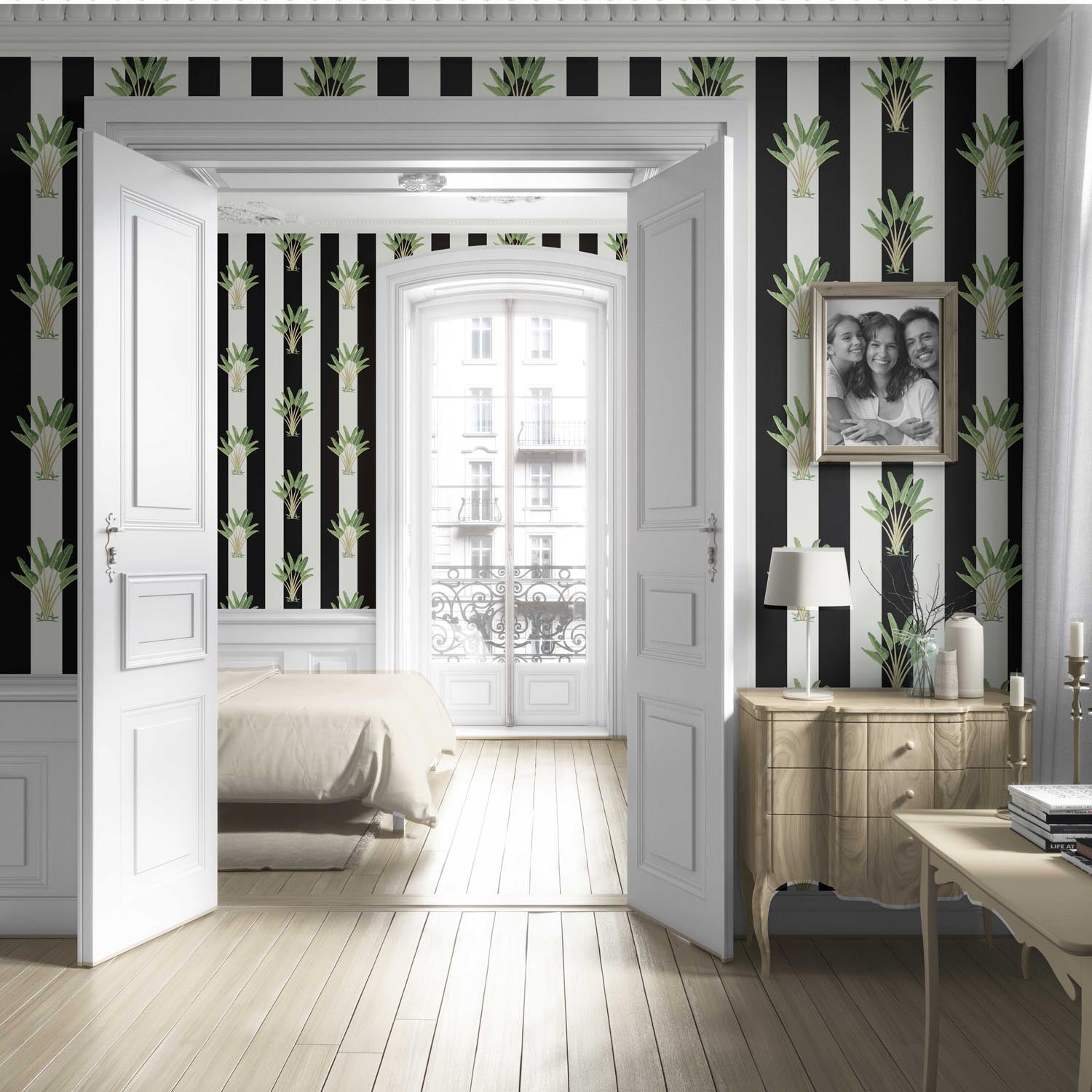 Geometric Floral Striped Living Room Wallpaper Sample (Black/ White/ Green)