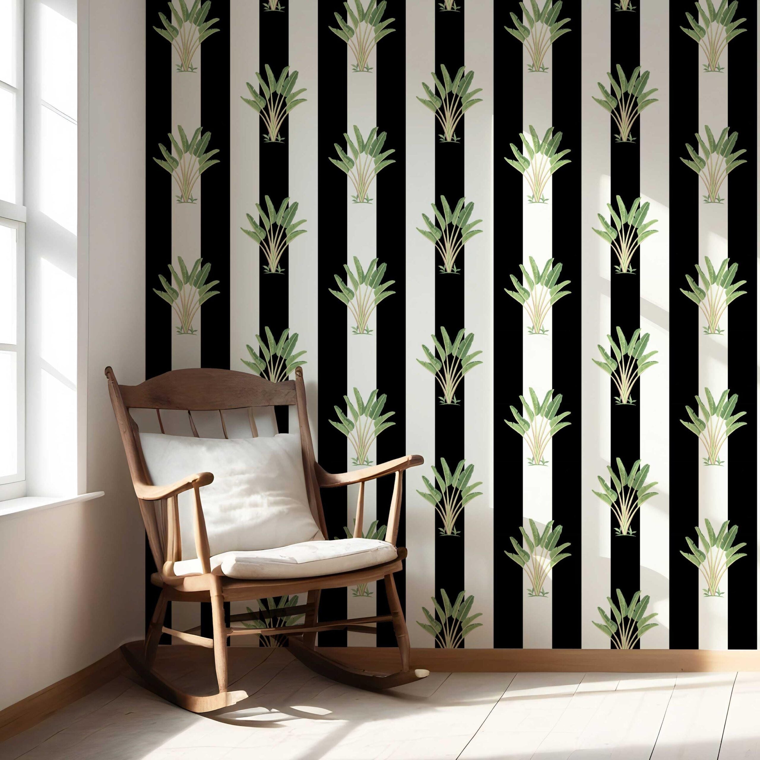 Geometric Floral Striped Nursery Wallpaper Sample (Black/ White/ Green)