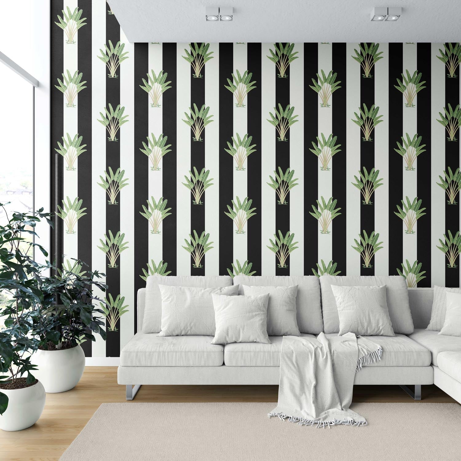 Geometric Floral Striped Shower Toilet Wallpaper Sample (Black/ White/ Green)